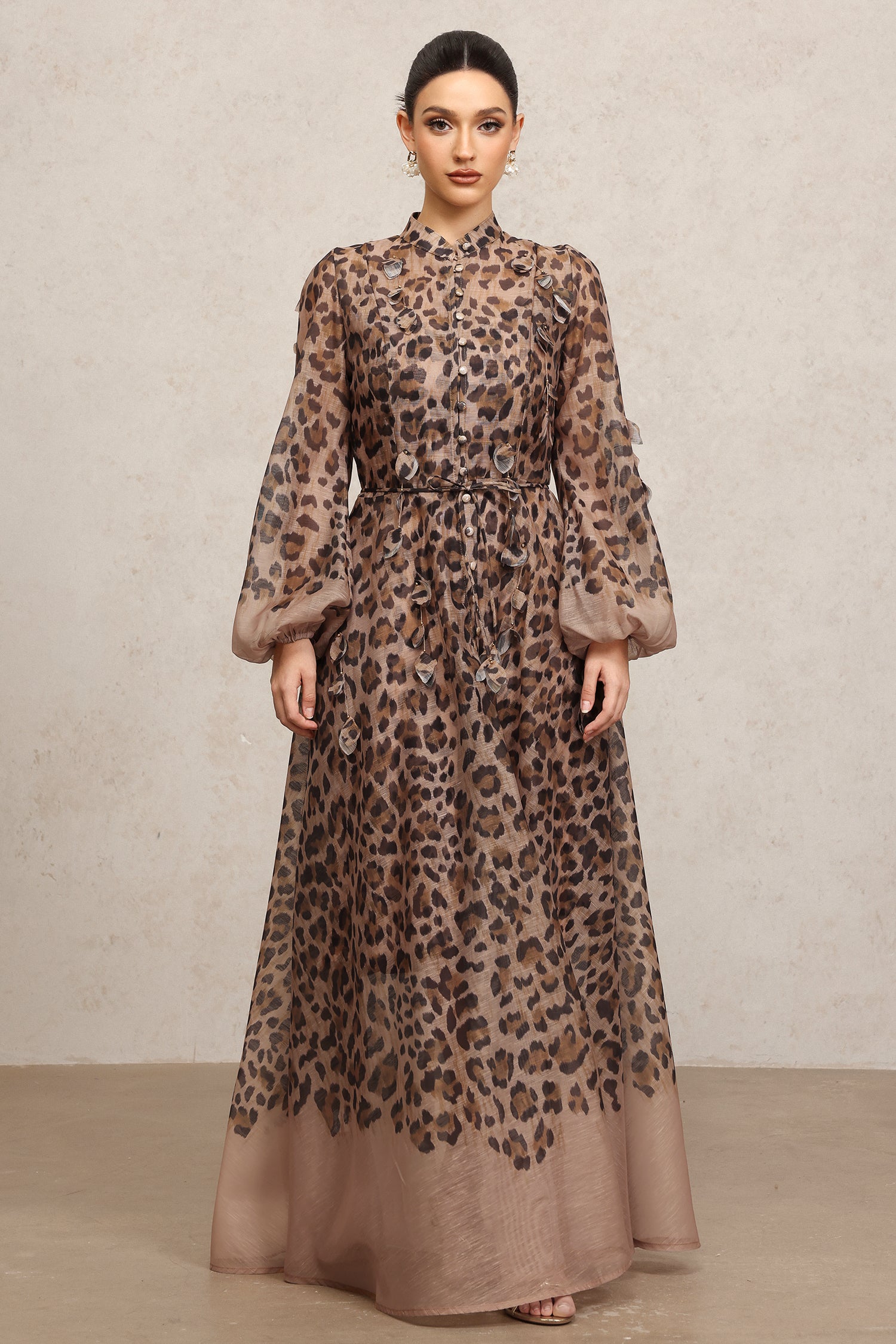Myra Round Neck Long Sleeves Leopard Print Maxi Dress