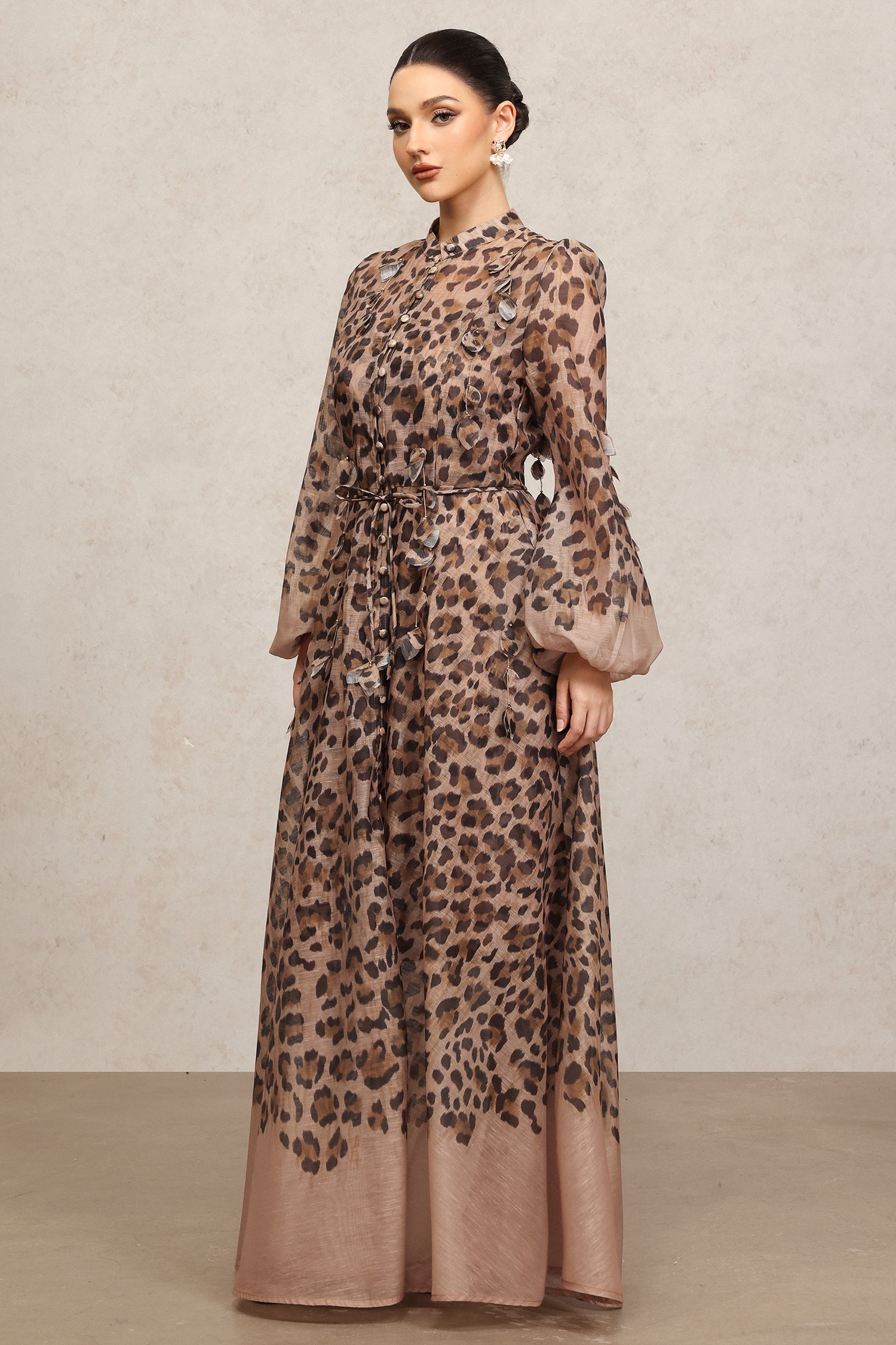 Myra Round Neck Long Sleeves Leopard Print Maxi Dress