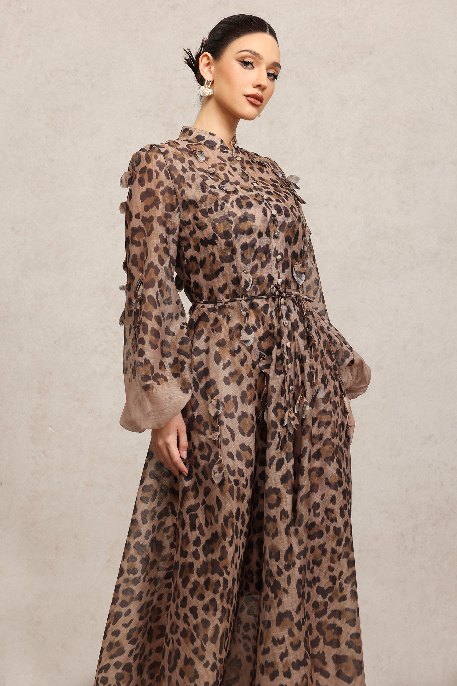 Myra Round Neck Long Sleeves Leopard Print Maxi Dress
