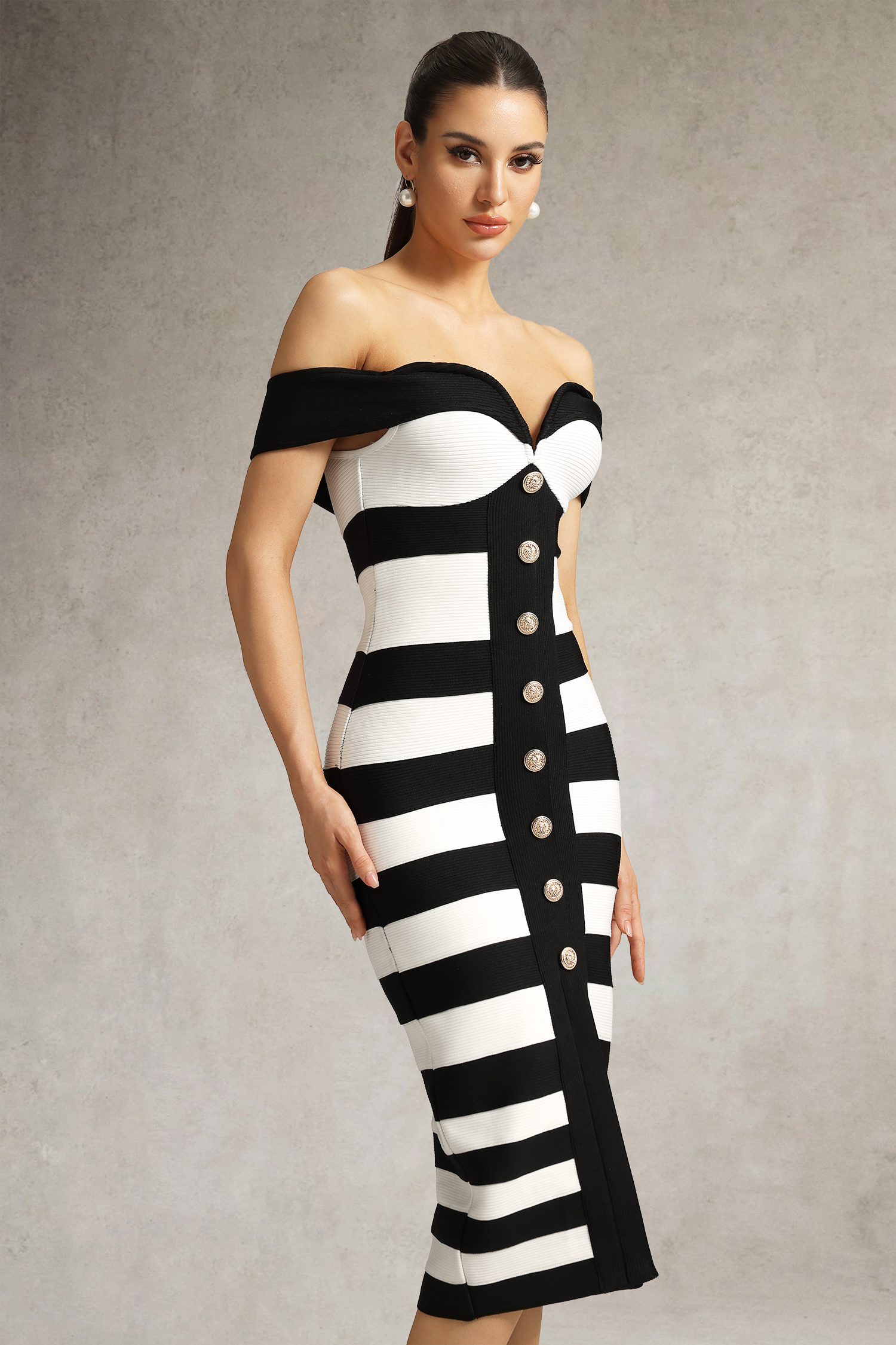 Korasa Off Shoulder Symmetrical Stripe Bandage Midi Dress