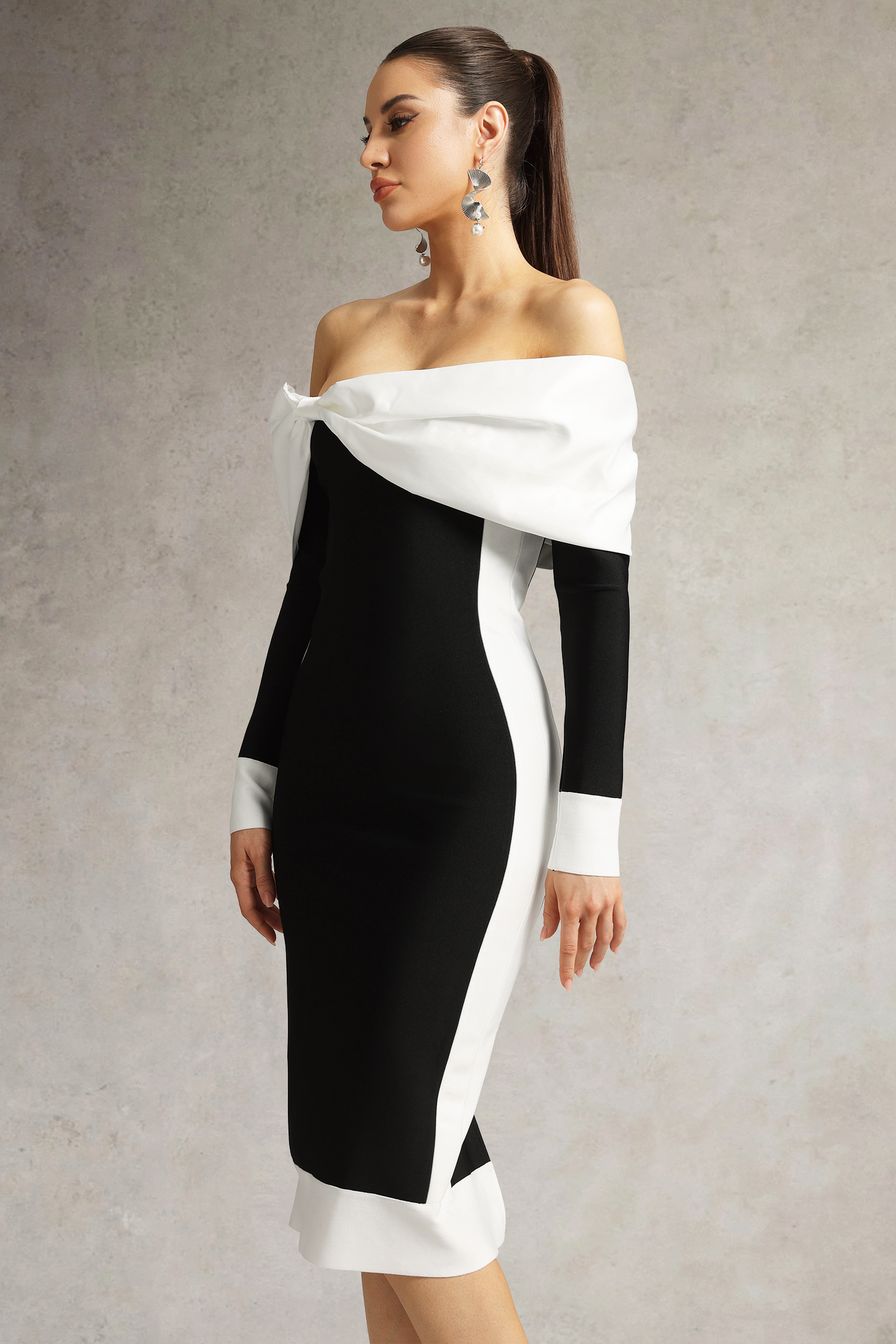 Oria Off Shoulder Bow Bandage Midi Dress
