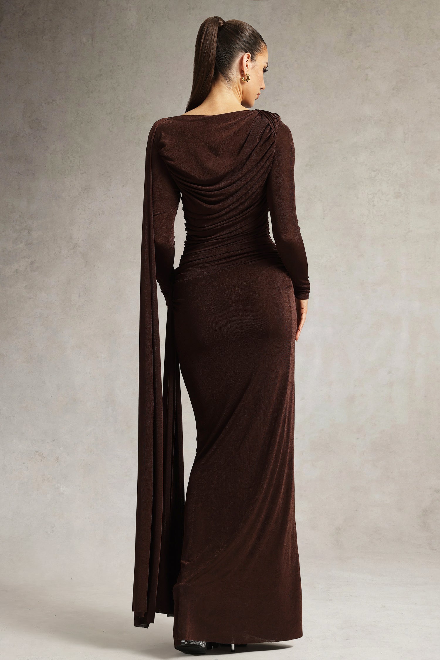 Tihila Long Sleeve Ruched Brown Maxi Dress