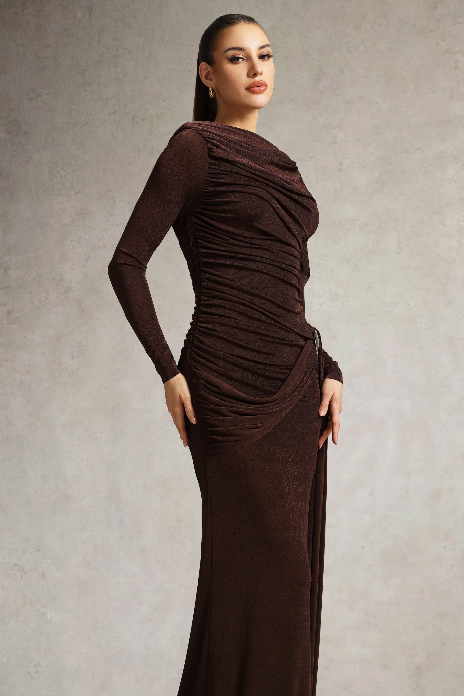 Tihila Long Sleeve Ruched Brown Maxi Dress