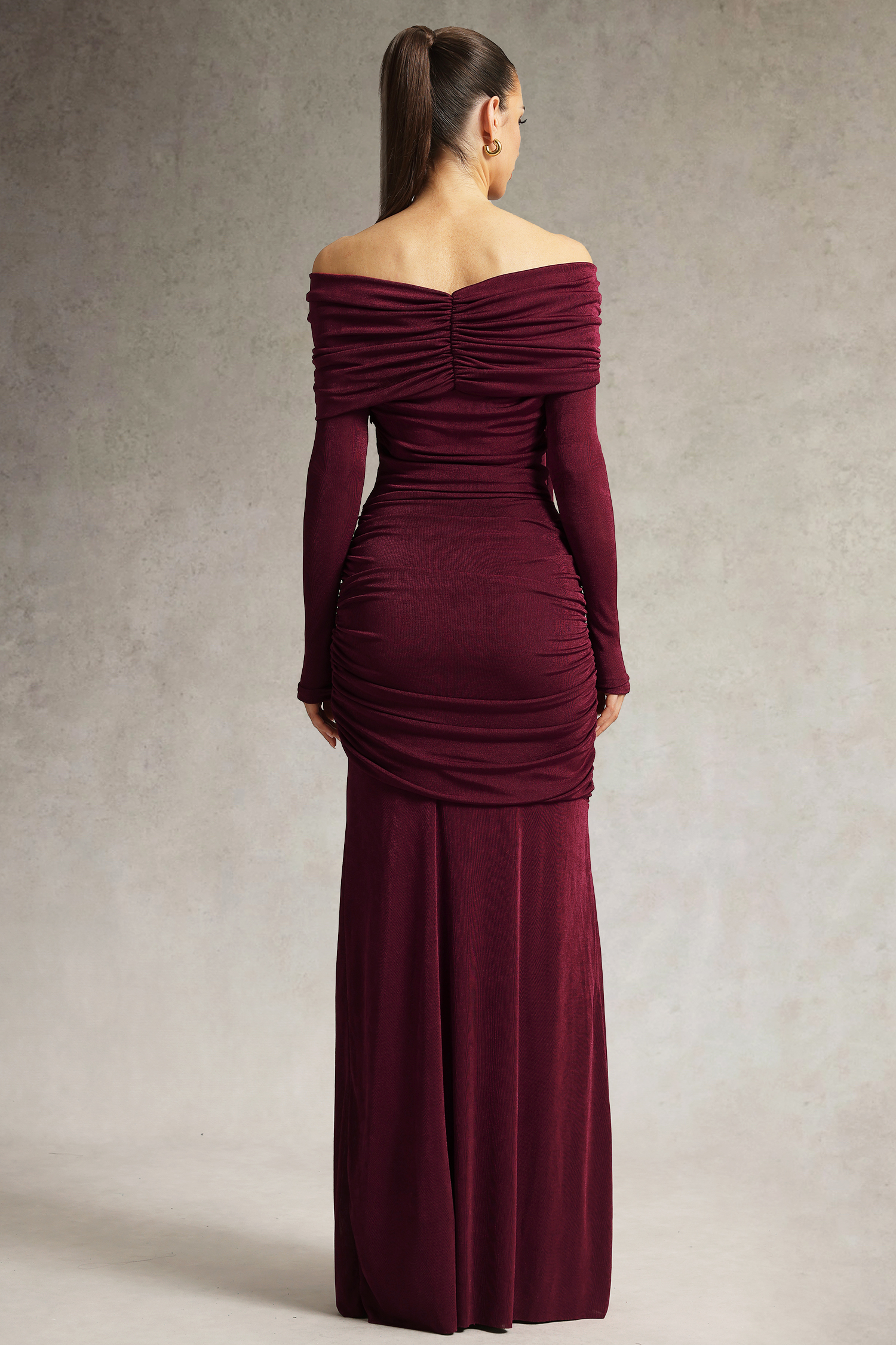 Jillian Off Shoulder Long Sleeve Ruched Red Maxi Dress