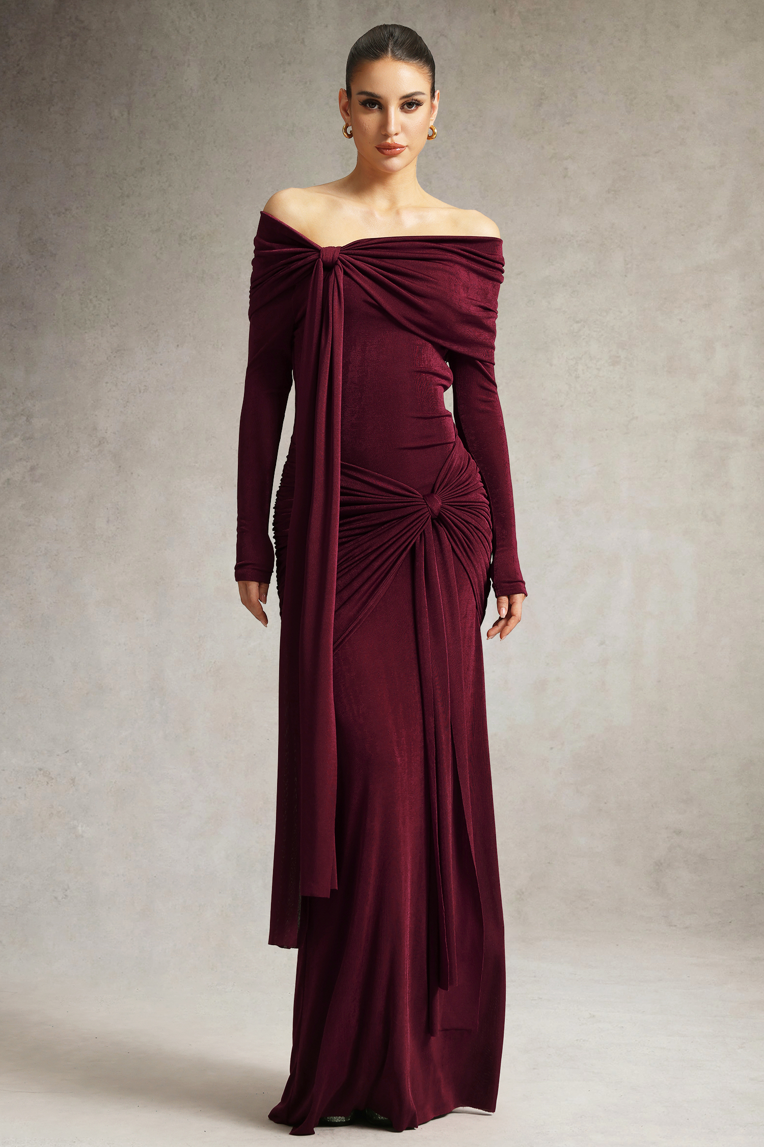 Jillian Off Shoulder Long Sleeve Ruched Red Maxi Dress