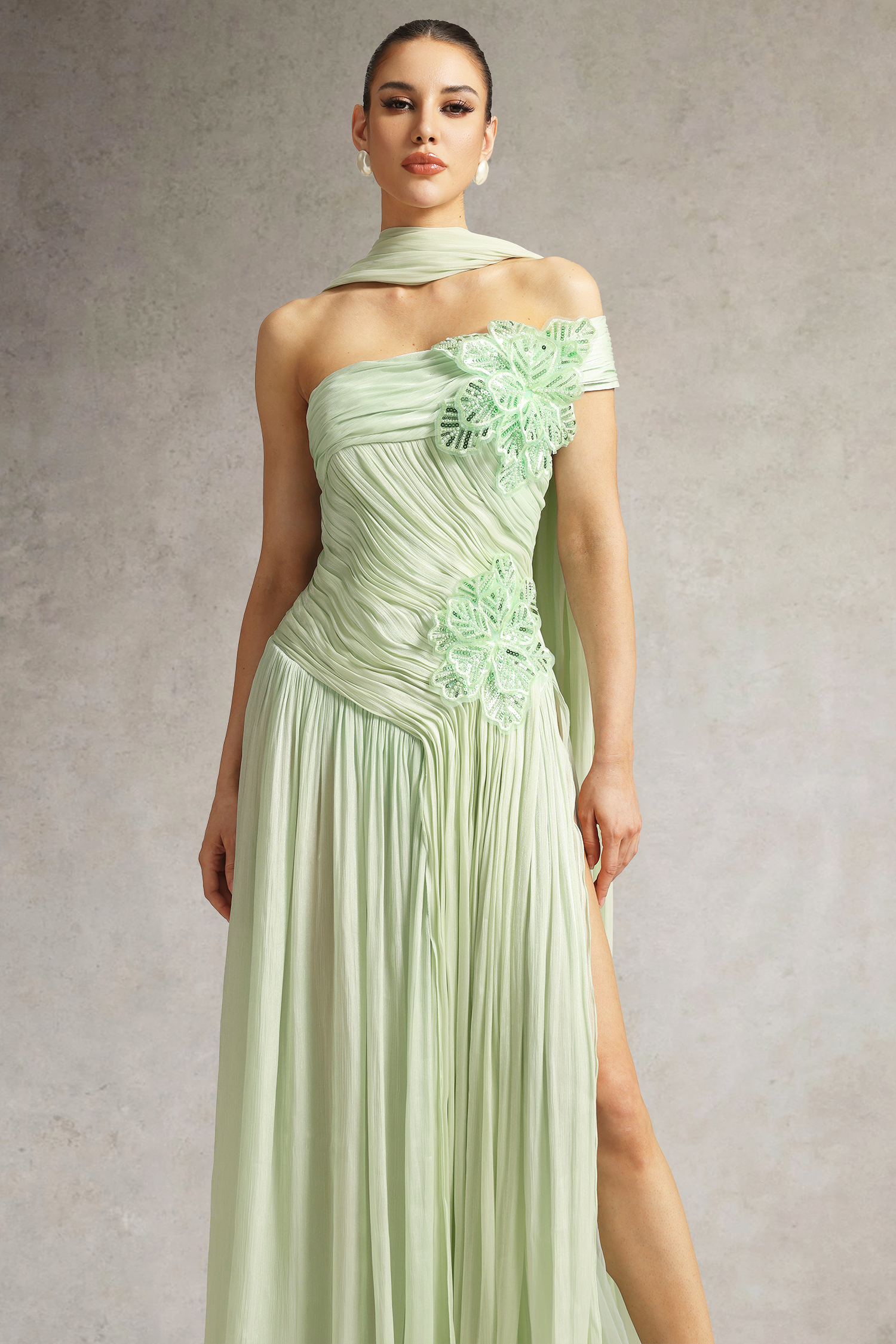 Mellies One Shoulder Floral Ruched High Slit Maxi Dress