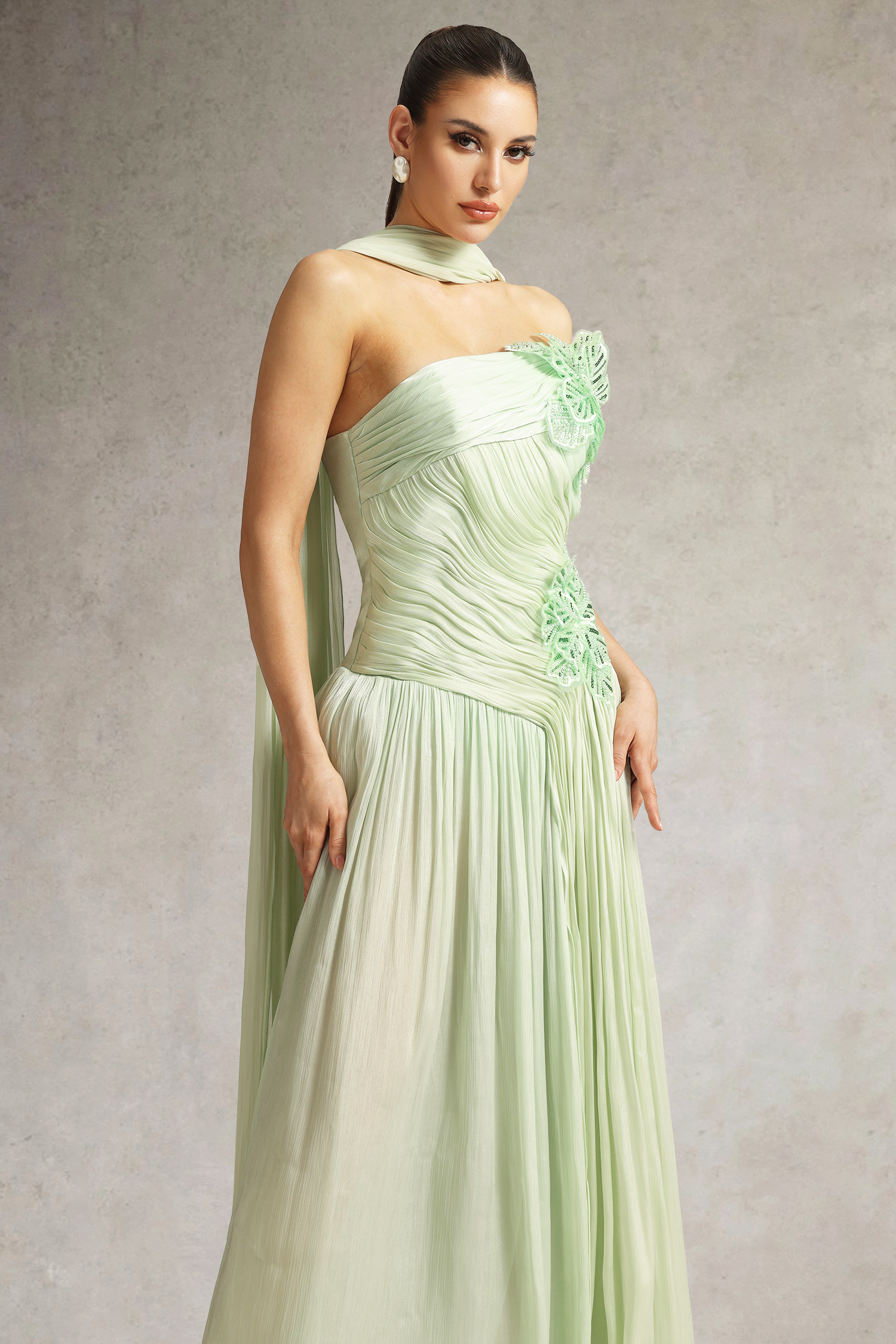 Mellies One Shoulder Floral Ruched High Slit Maxi Dress