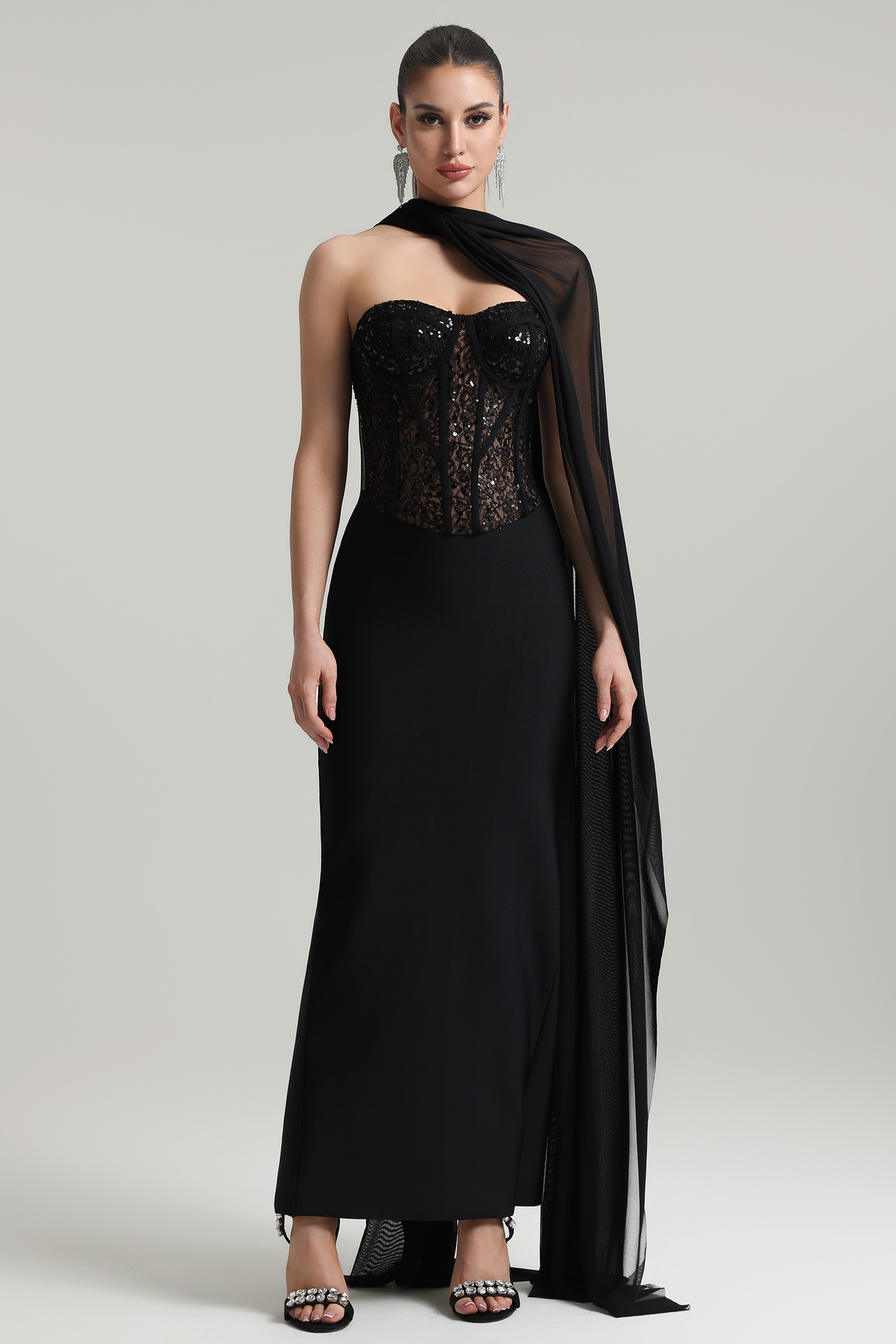 Dodou Strapless Cape Sequin Bandage Maxi Dress