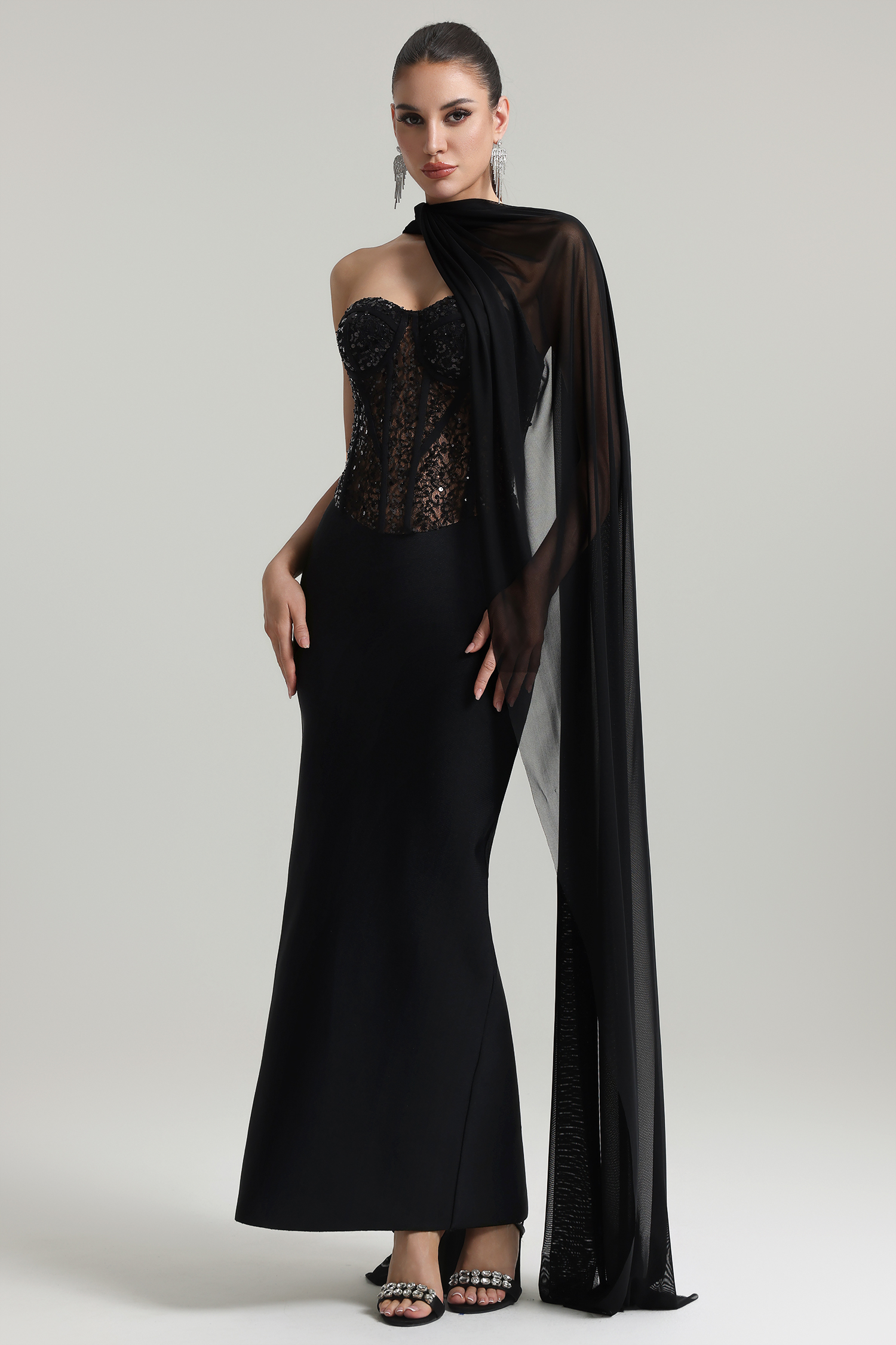 Dodou Strapless Cape Sequin Bandage Maxi Dress