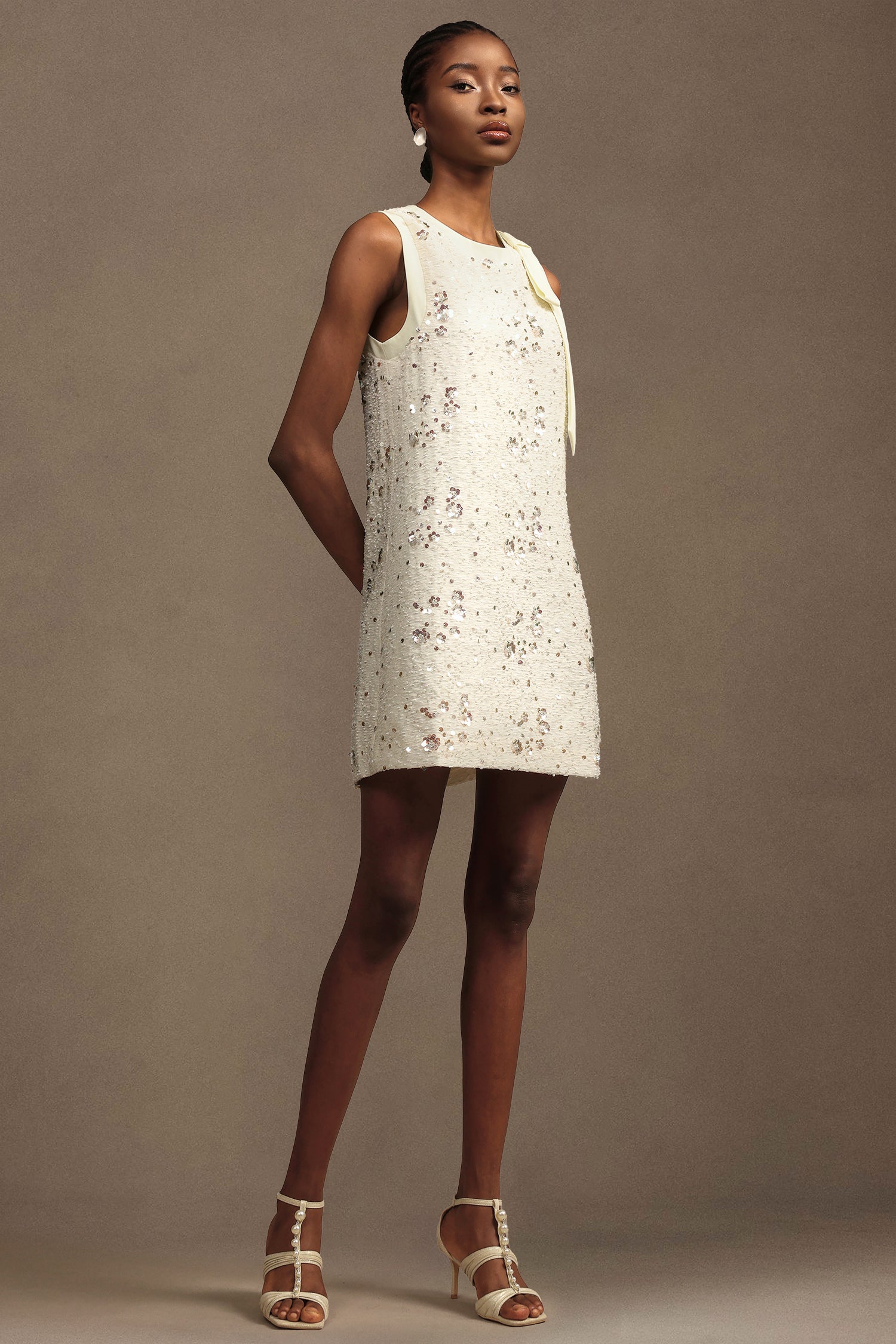 Prunella Elegant Tailored Round Neck Sleeveless Sequin Woven White Mini Dress
