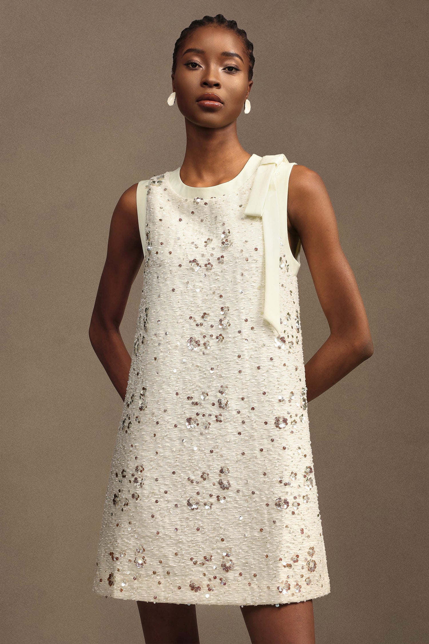 Prunella Elegant Tailored Round Neck Sleeveless Sequin Woven White Mini Dress