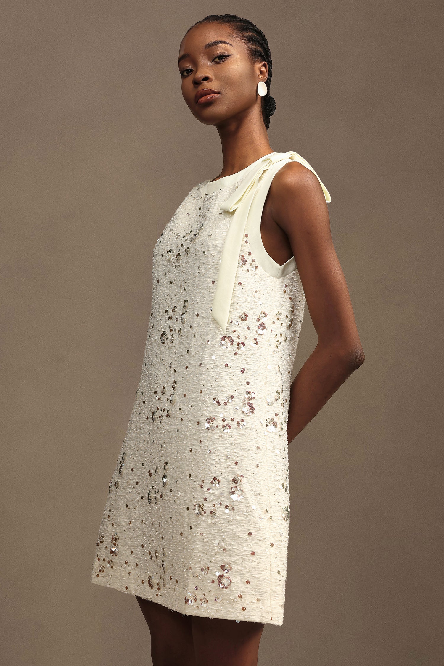 Prunella Elegant Tailored Round Neck Sleeveless Sequin Woven White Mini Dress