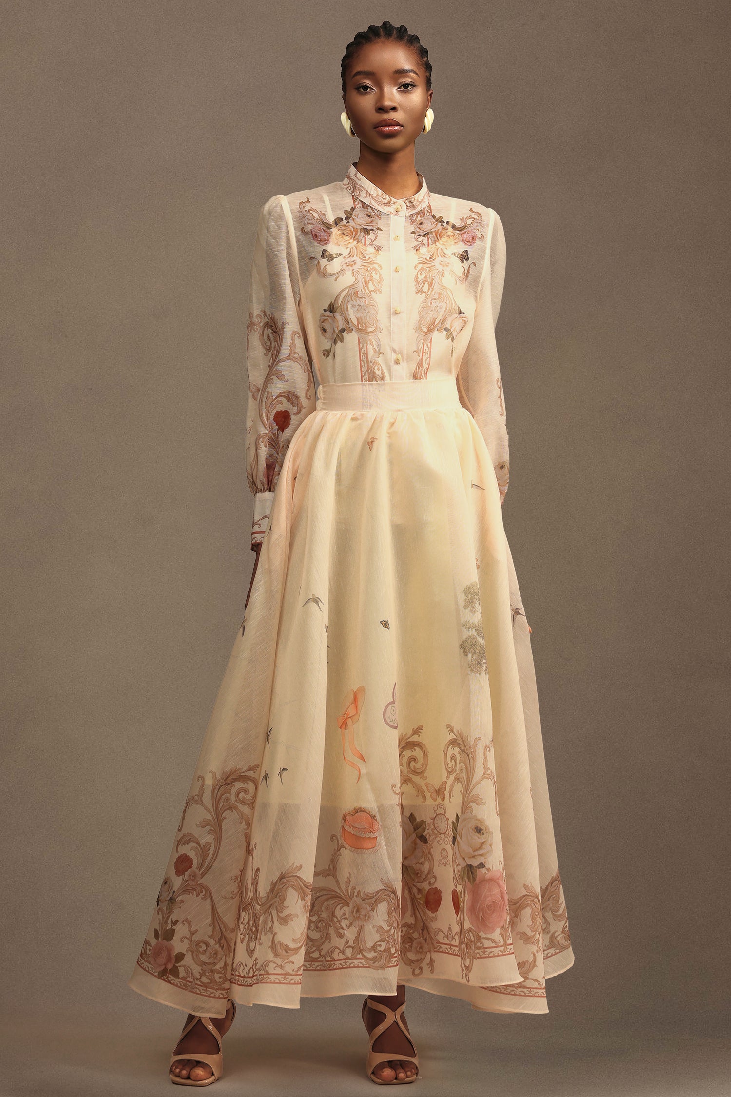 Wilma Bohemian Flowy Long Sleeve Floral Printed Chiffon Maxi Dress