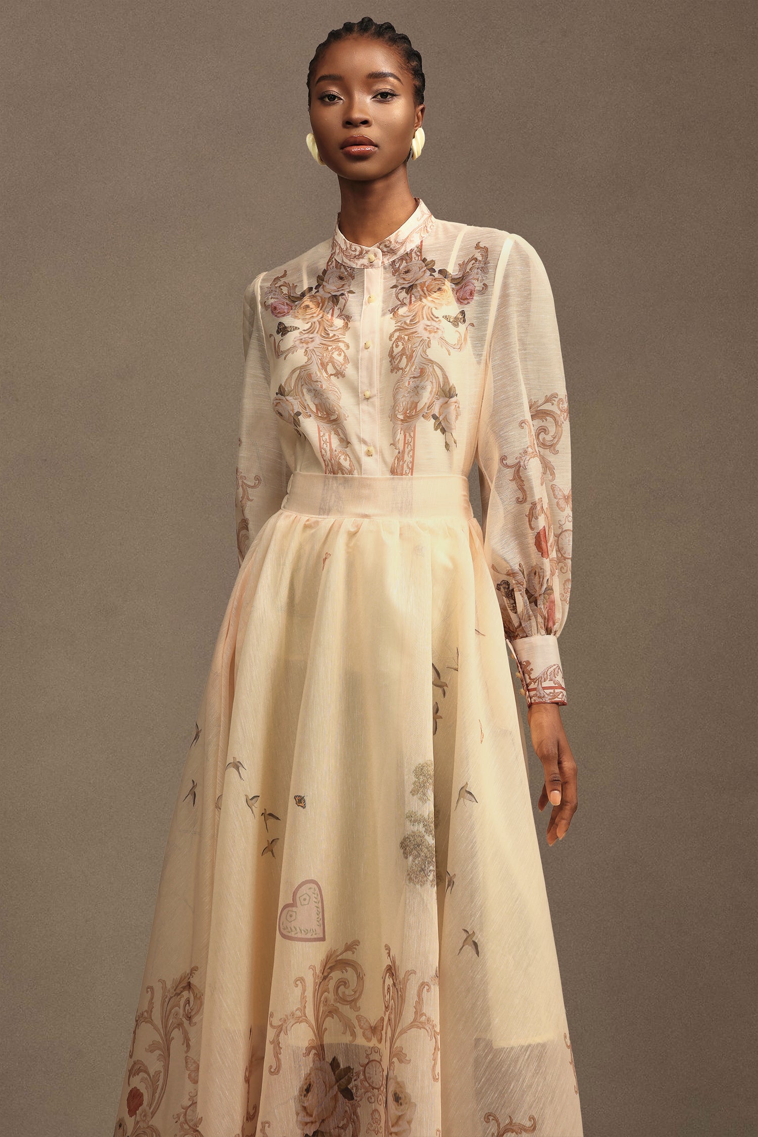 Wilma Bohemian Flowy Long Sleeve Floral Printed Chiffon Maxi Dress