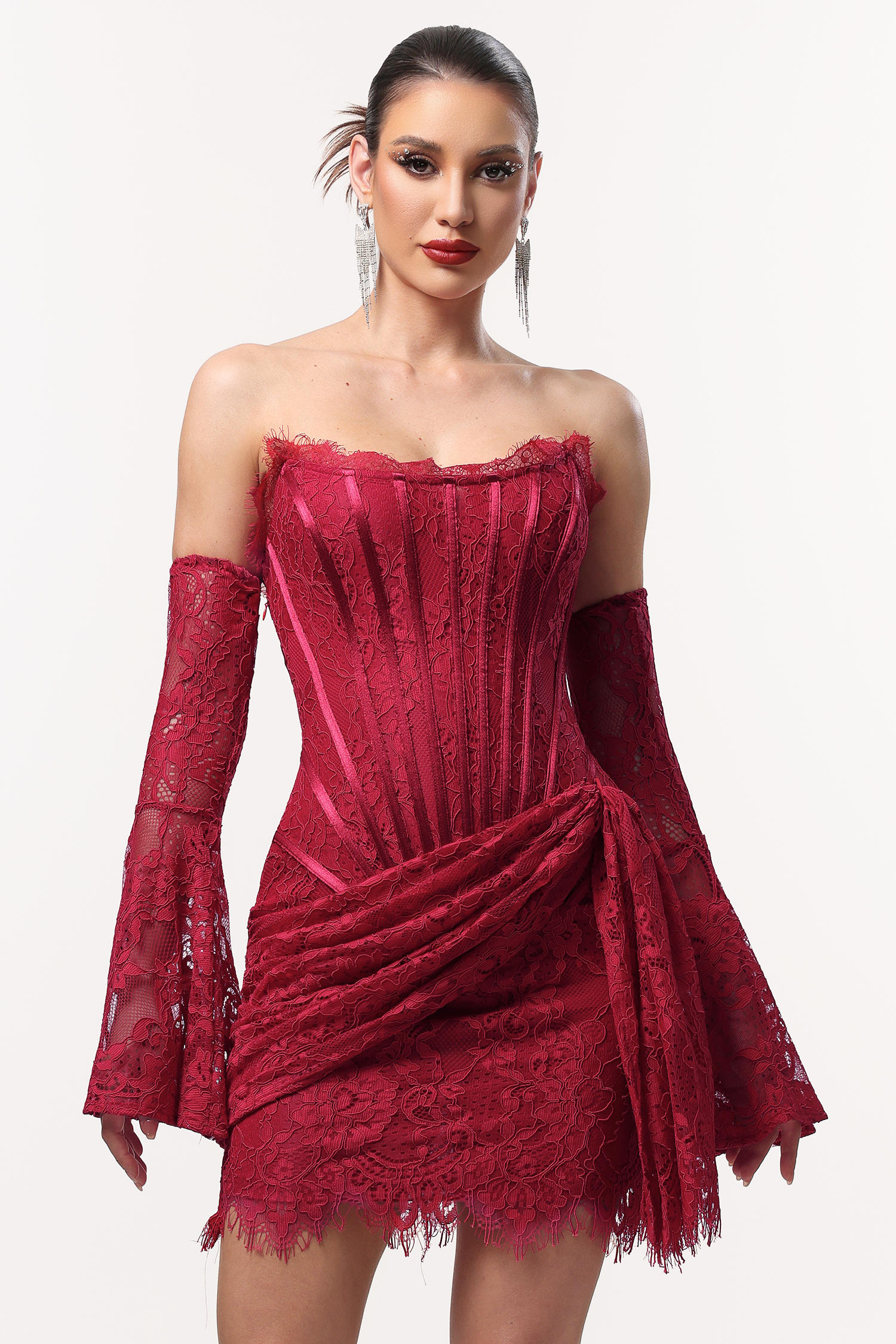 Gladys Sexy Contour Lace Sleeve Corset Mini Dress