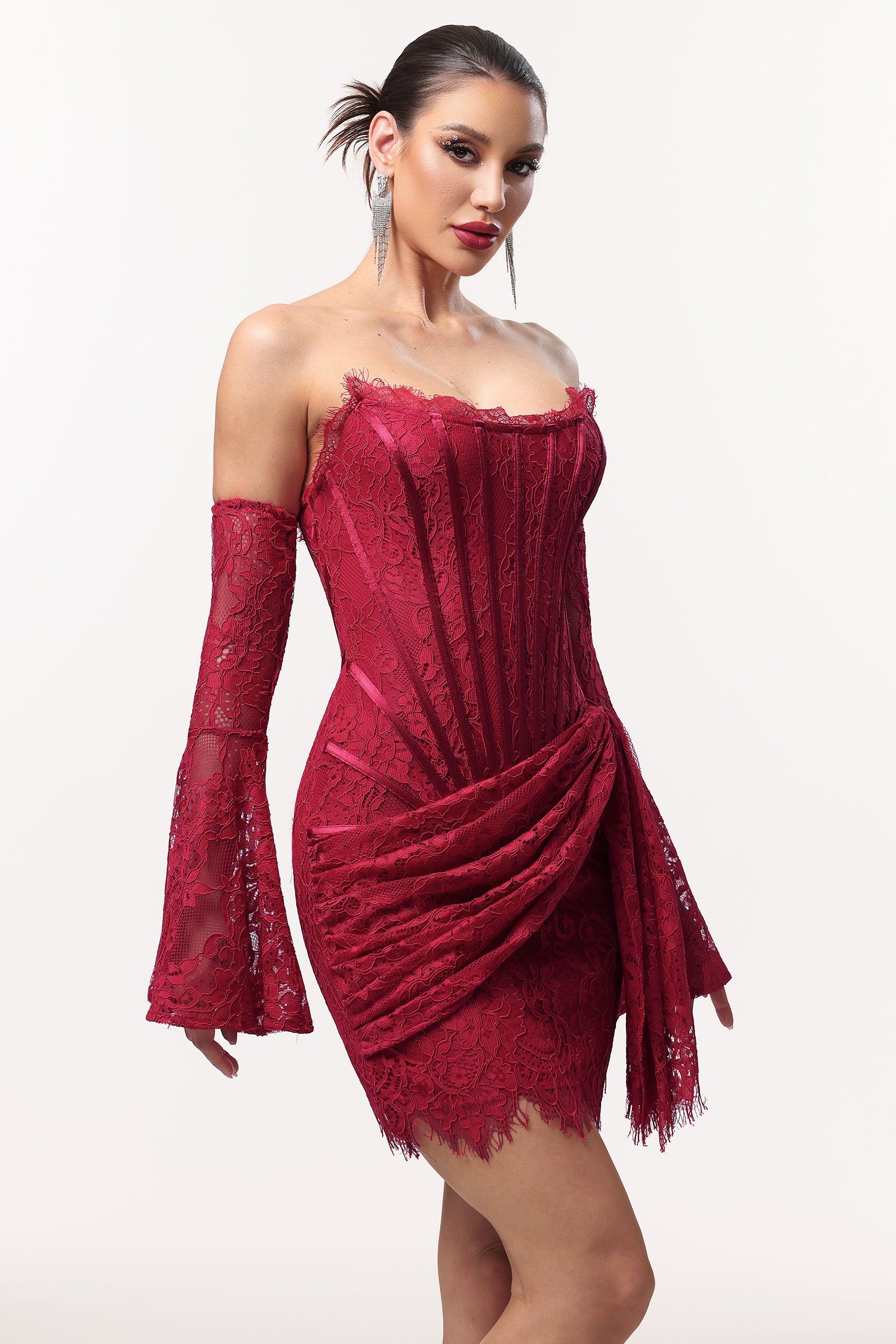 Gladys Sexy Contour Lace Sleeve Corset Mini Dress