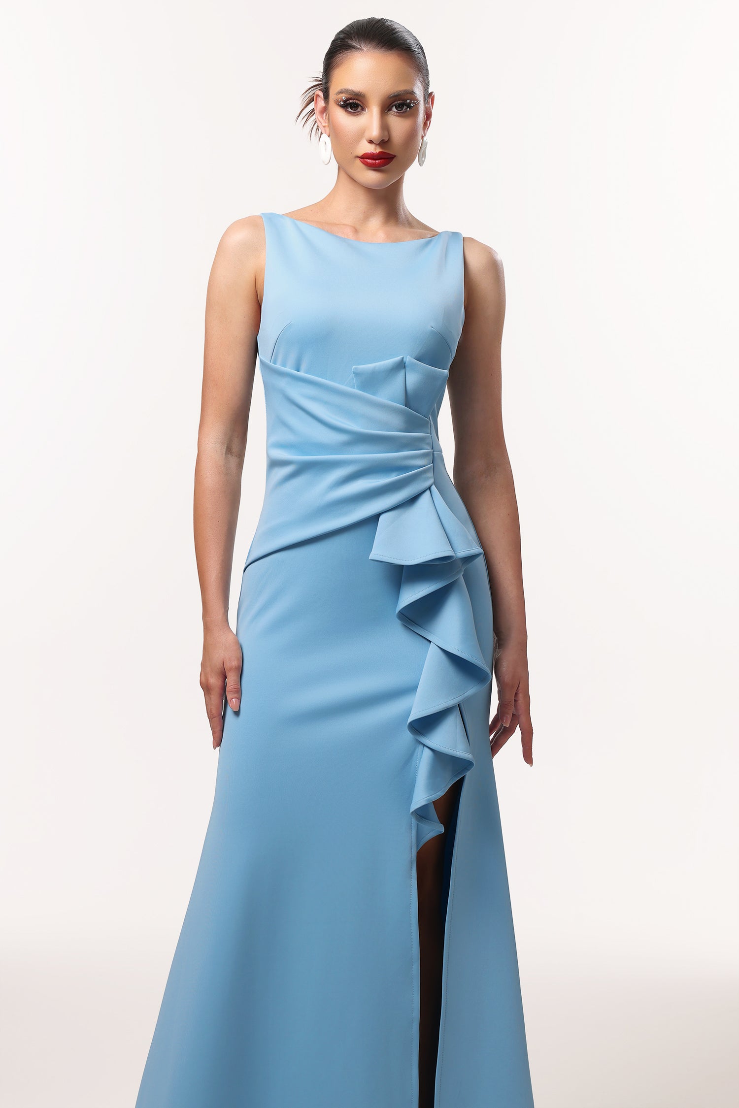 Uri Elegant Contour Sleeveless Ruffle High Slit Maxi Dress