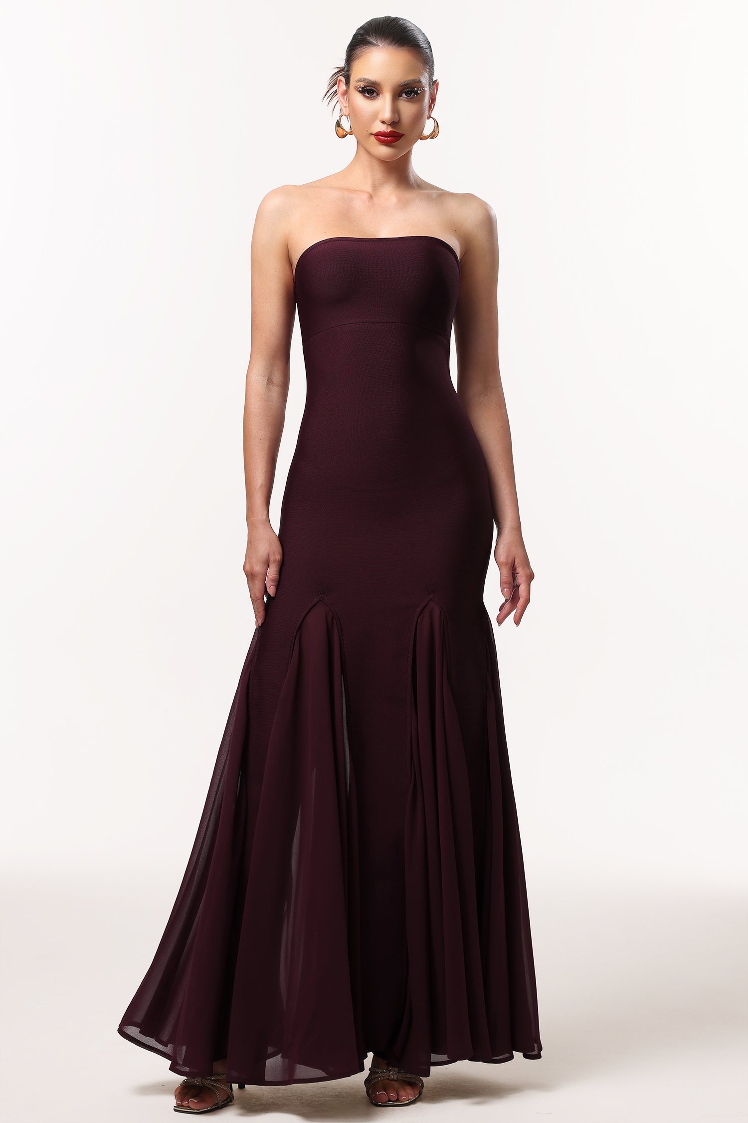 Dellis Elegant Contour Strapless Pleated Bandage Maxi Dress