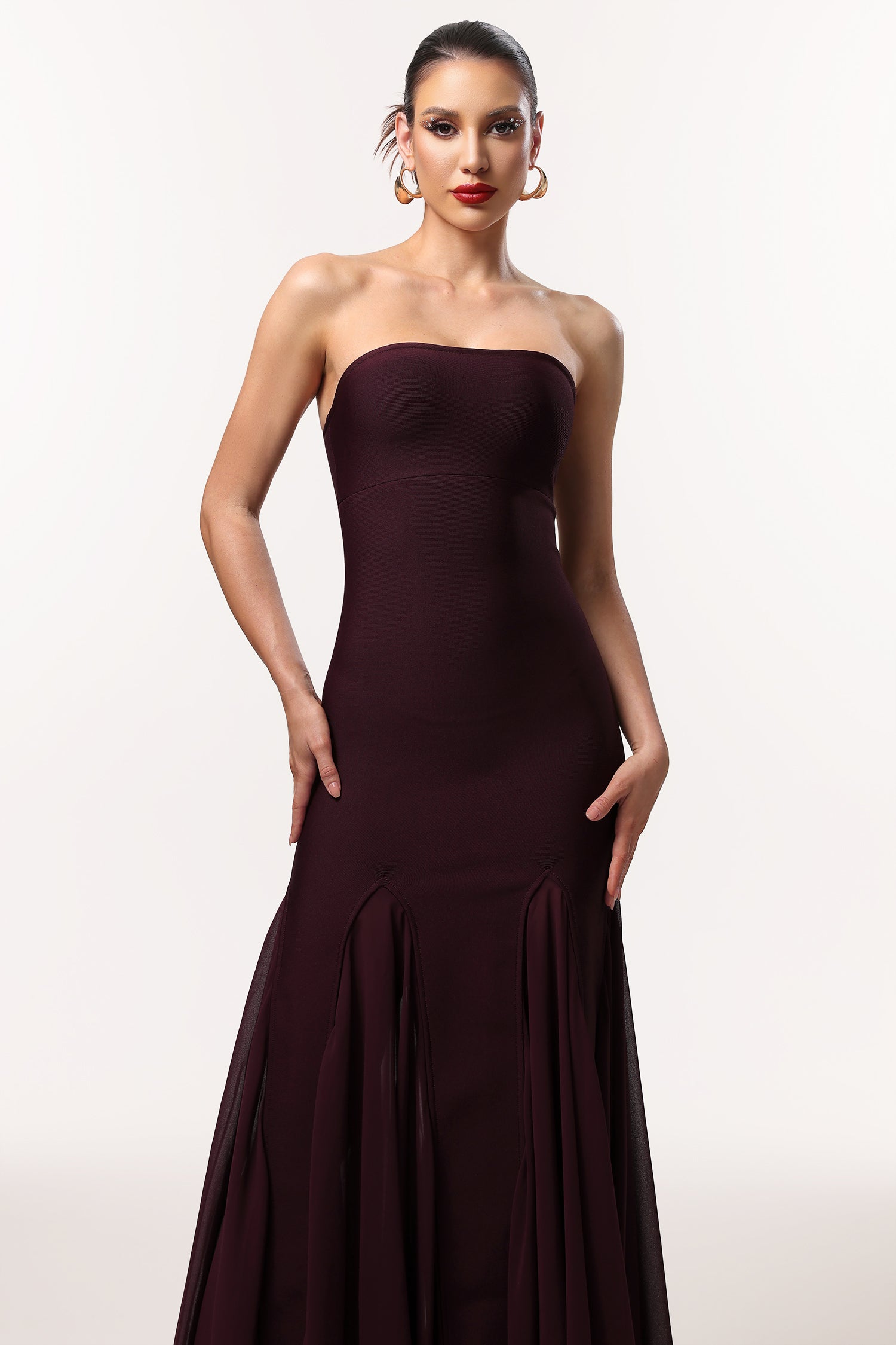 Dellis Elegant Contour Strapless Pleated Bandage Maxi Dress