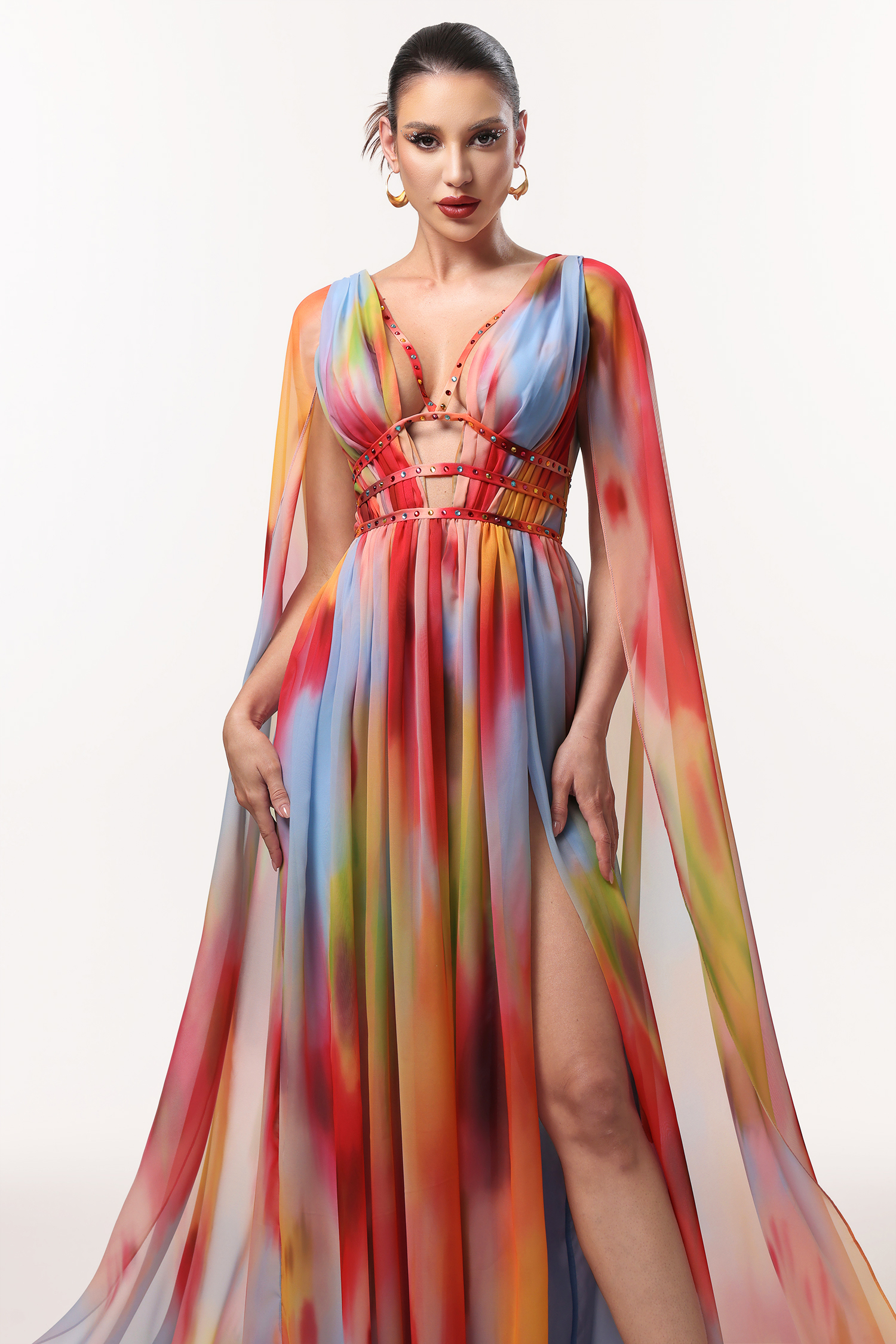 Zelda Sexy Flowy V Neck Cape Sleeve Abstract Print Maxi Dress