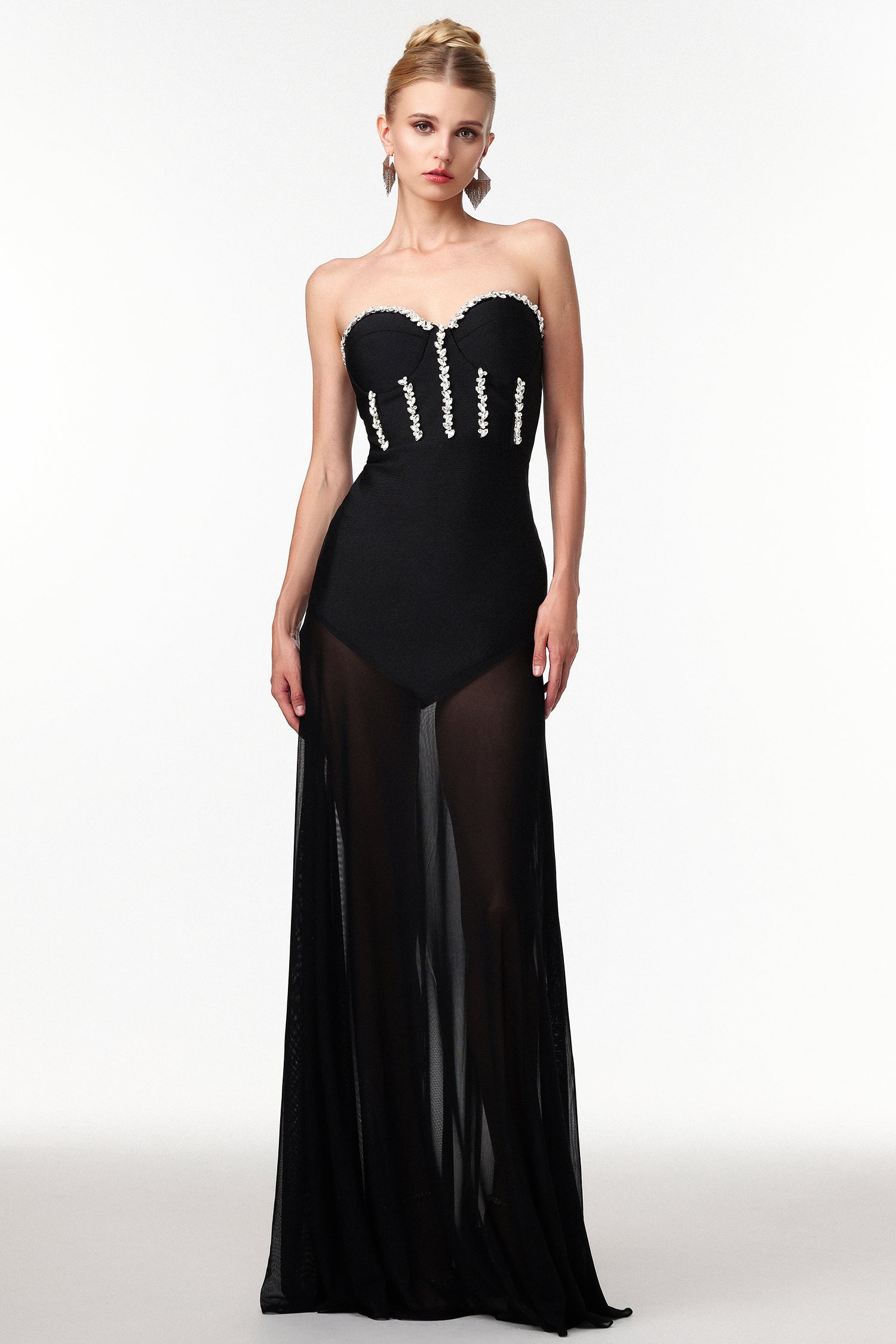 Samira Sexy Contour Rhinestone Bandage Mesh Maxi Dress