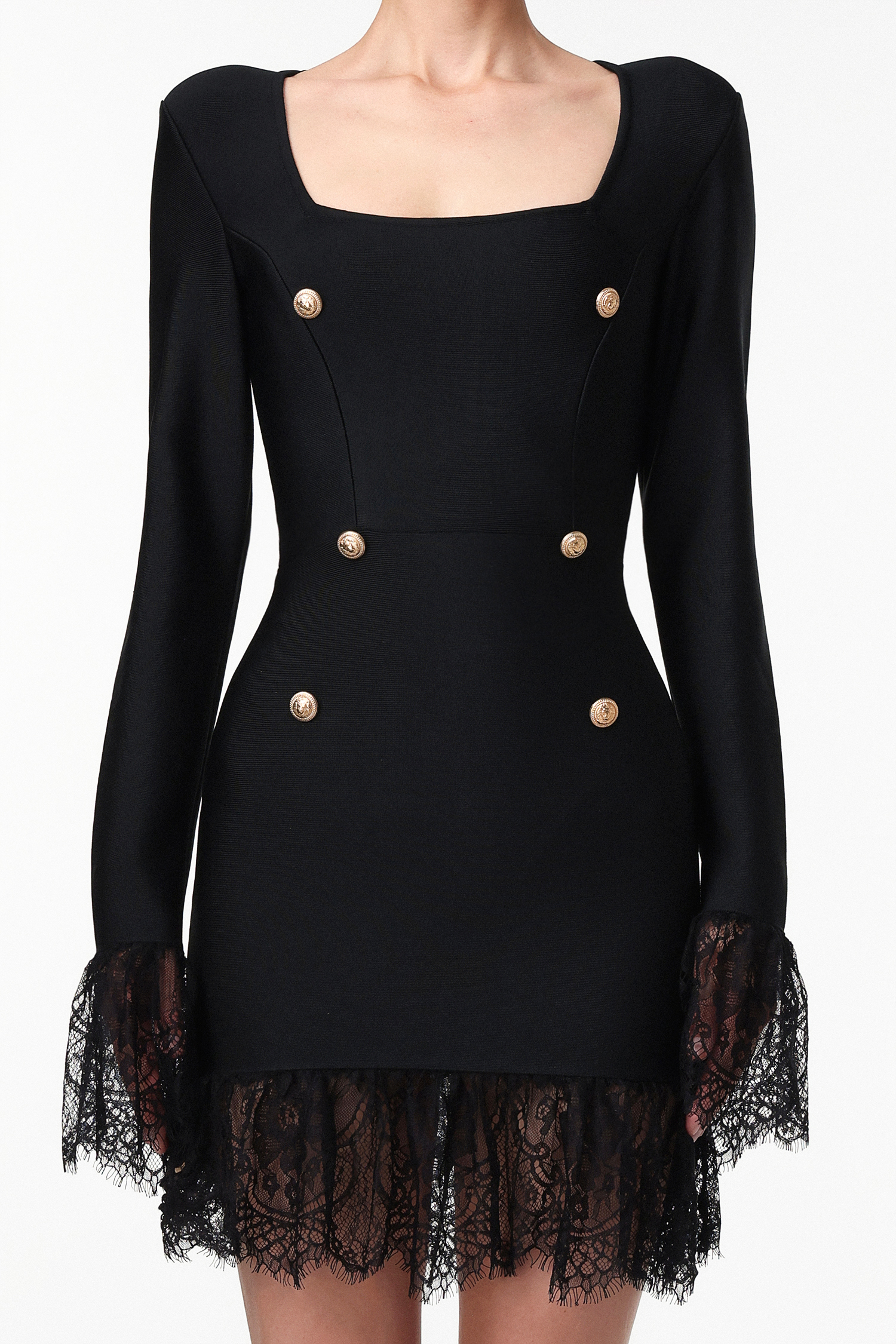 Sydney Classic Contour Long Sleeve Rhinestone Button Lace Bandage Mini Dress