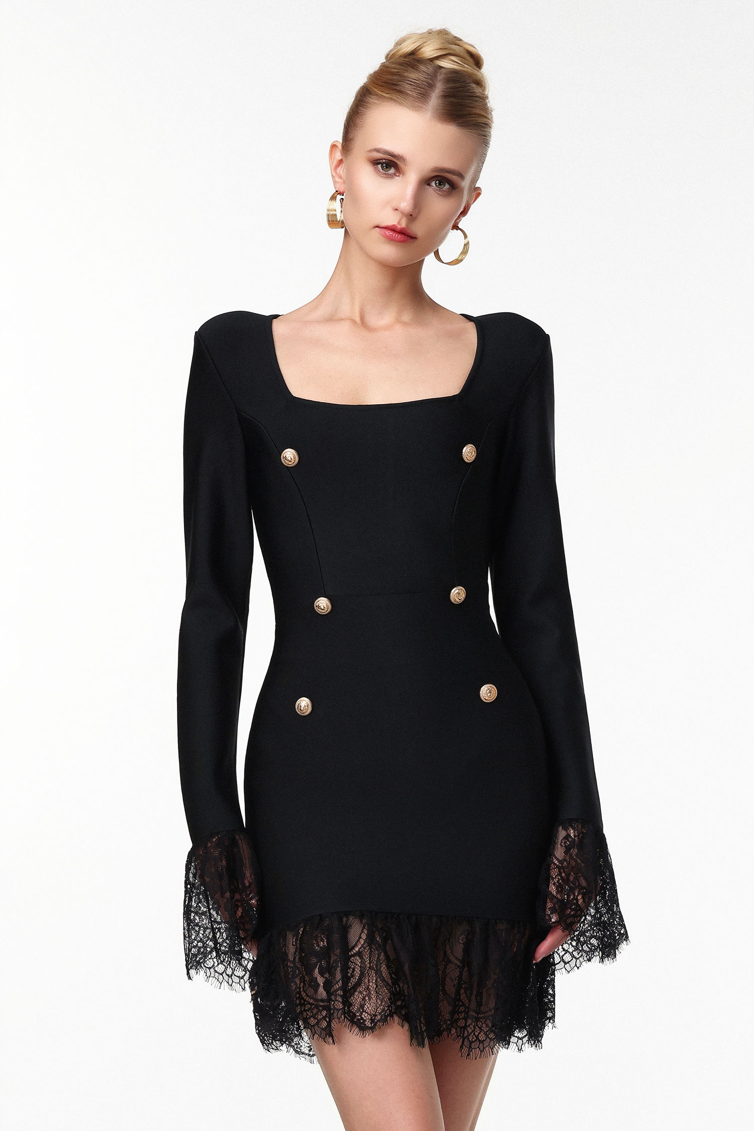 Sydney Classic Contour Long Sleeve Rhinestone Button Lace Bandage Mini Dress