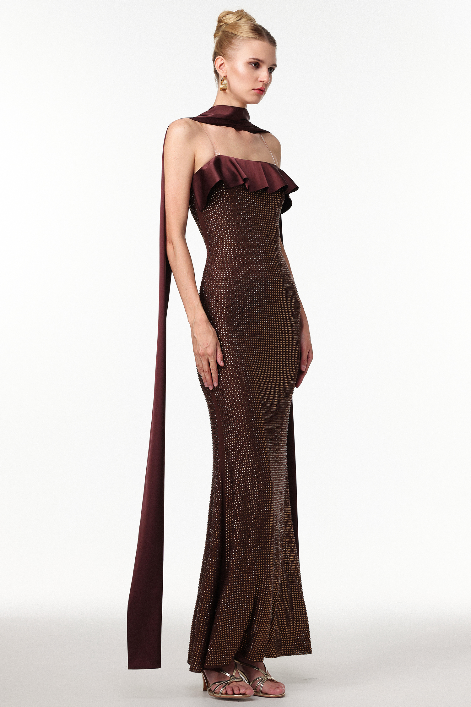 Zainab Elegant Contour Rhinestone Knit Maxi Dress