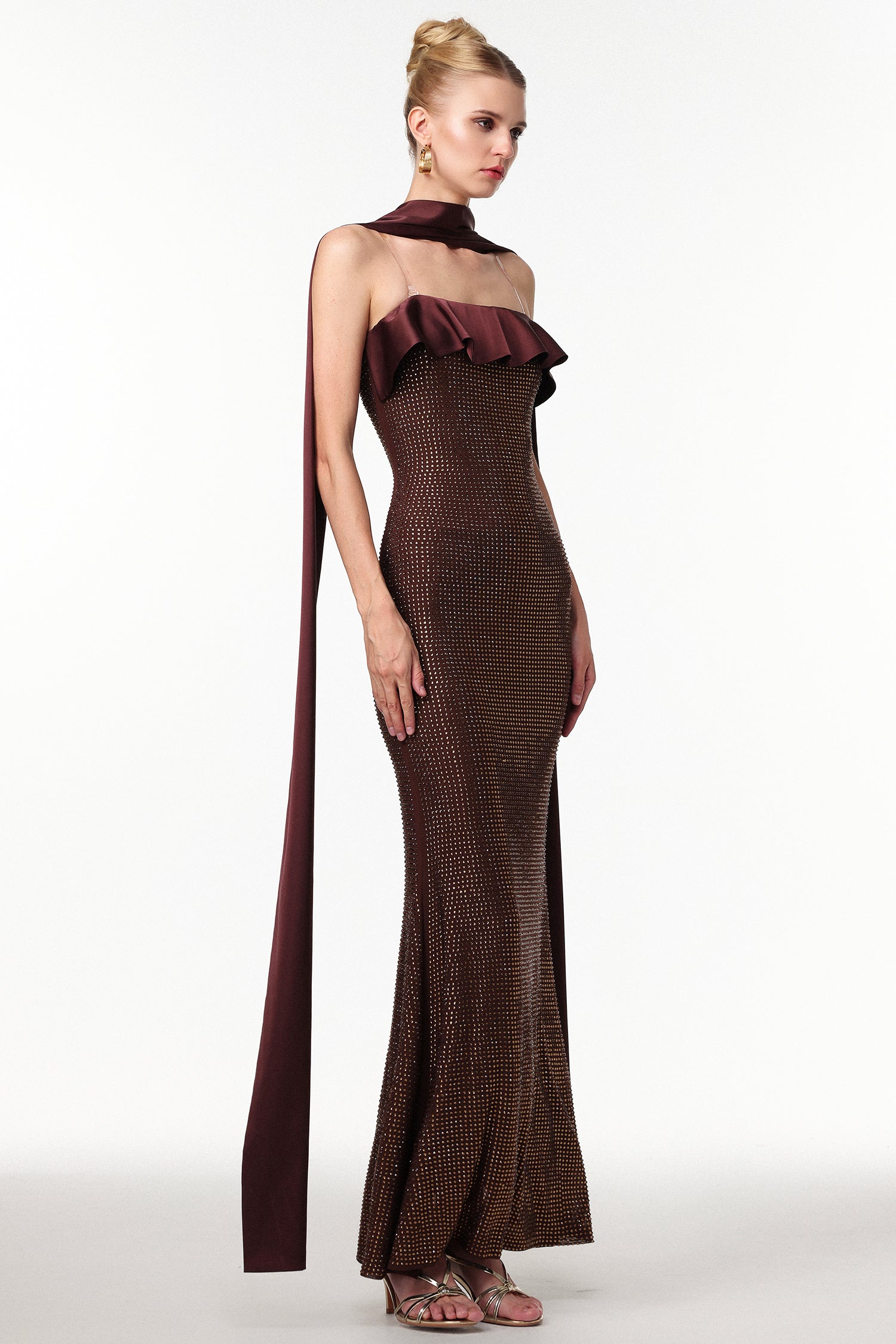 Zainab Elegant Contour Rhinestone Knit Maxi Dress