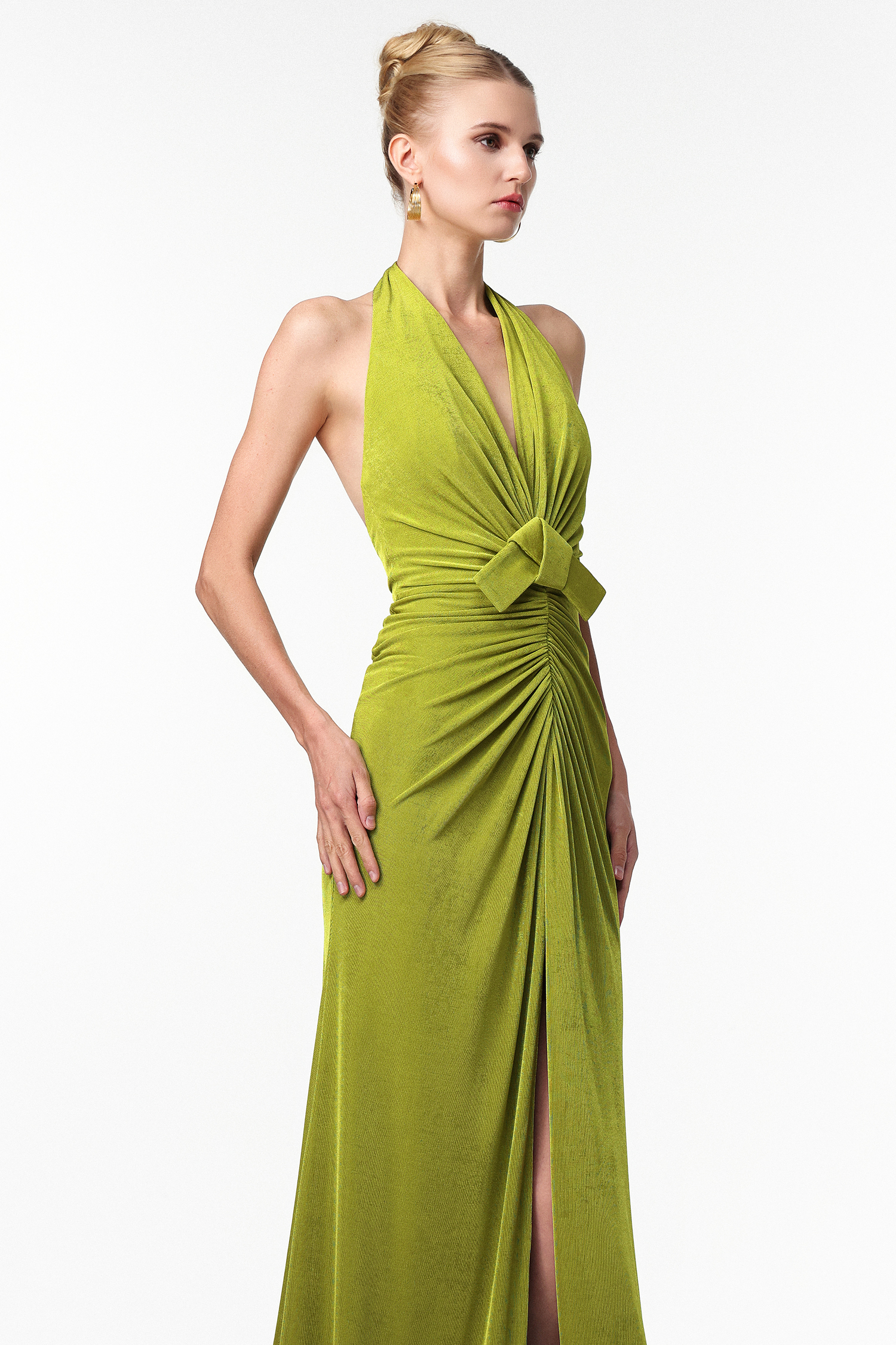 Jalila Sexy Contour V Neck Ruched Knot Slit Knit Maxi Dress