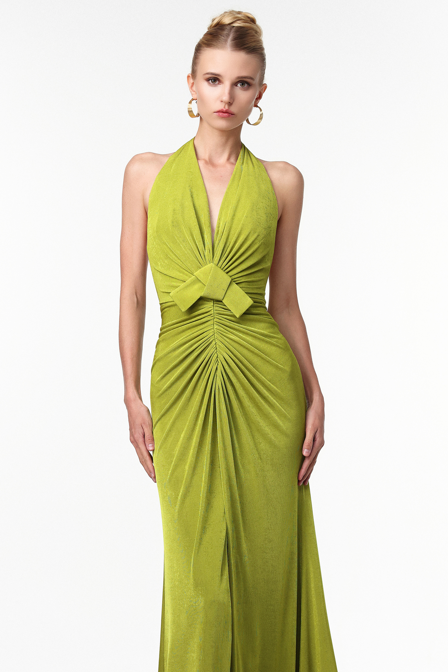 Jalila Sexy Contour V Neck Ruched Knot Slit Knit Maxi Dress