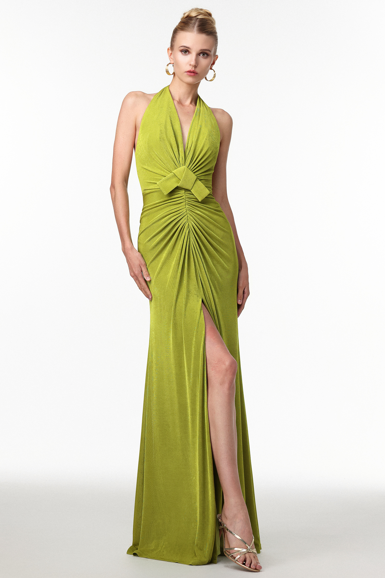 Jalila Sexy Contour V Neck Ruched Knot Slit Knit Maxi Dress