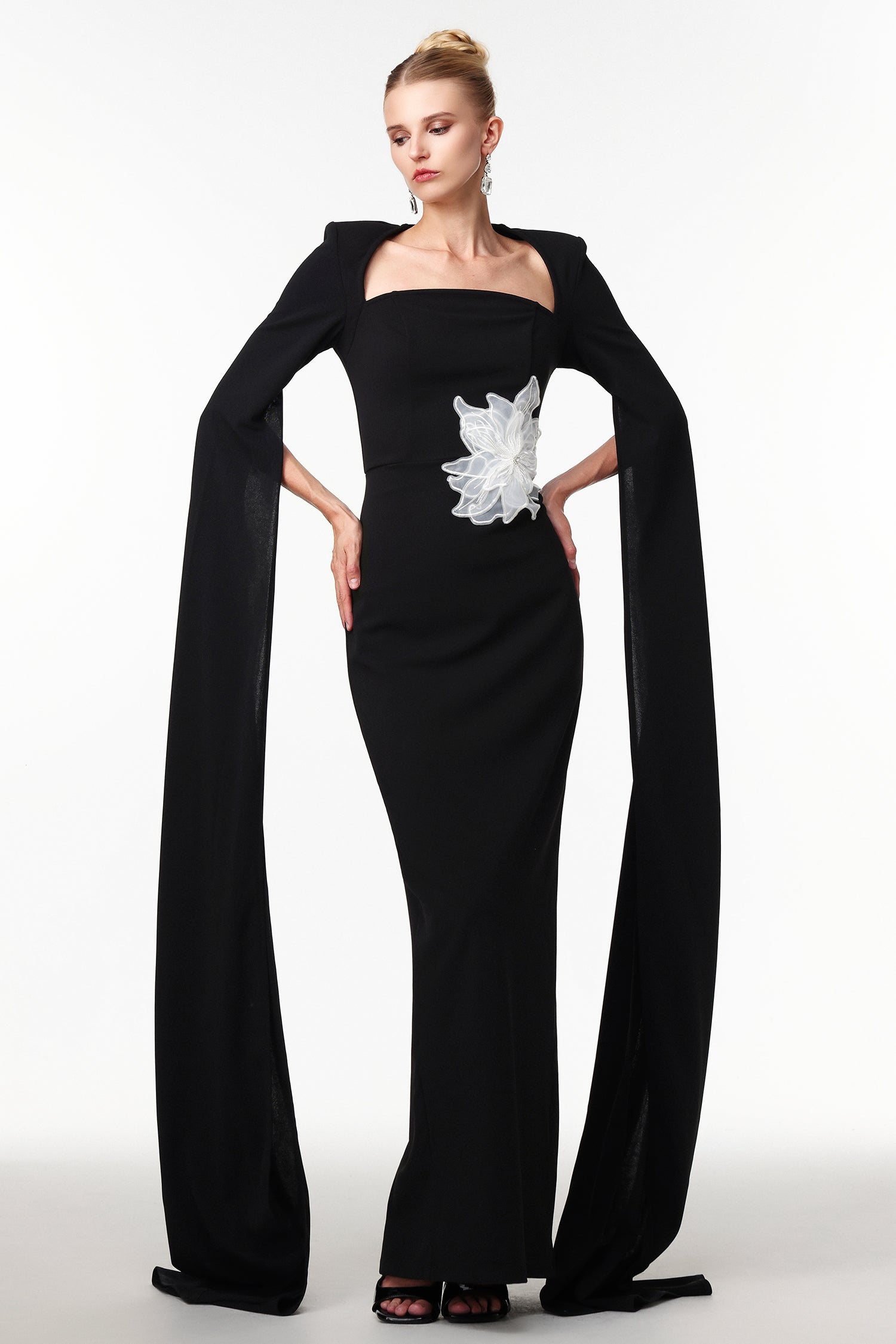 Pallas Elegant Tailored Cape Sleeve Floral Woven Maxi Dress