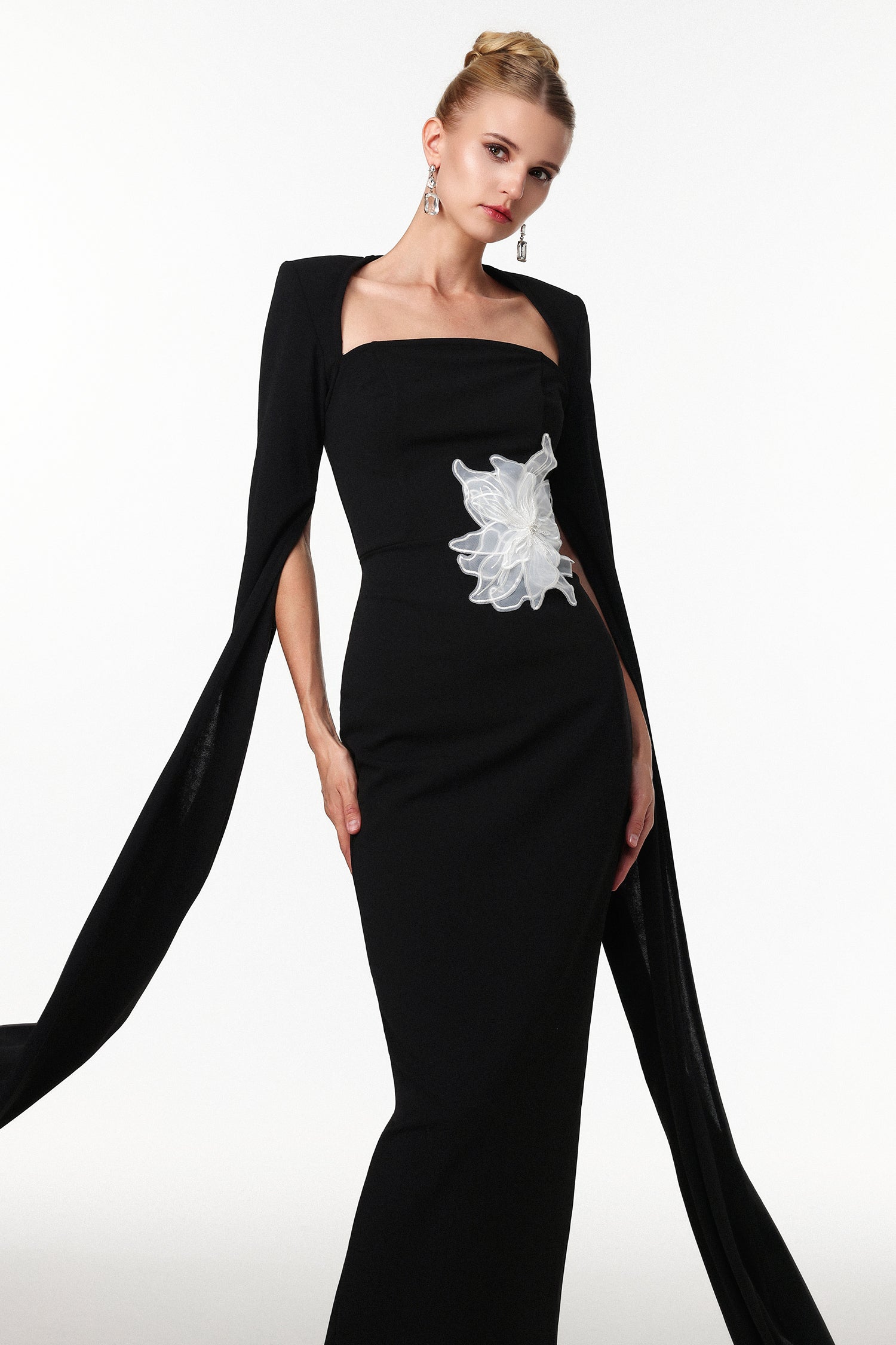 Pallas Elegant Tailored Cape Sleeve Floral Woven Maxi Dress