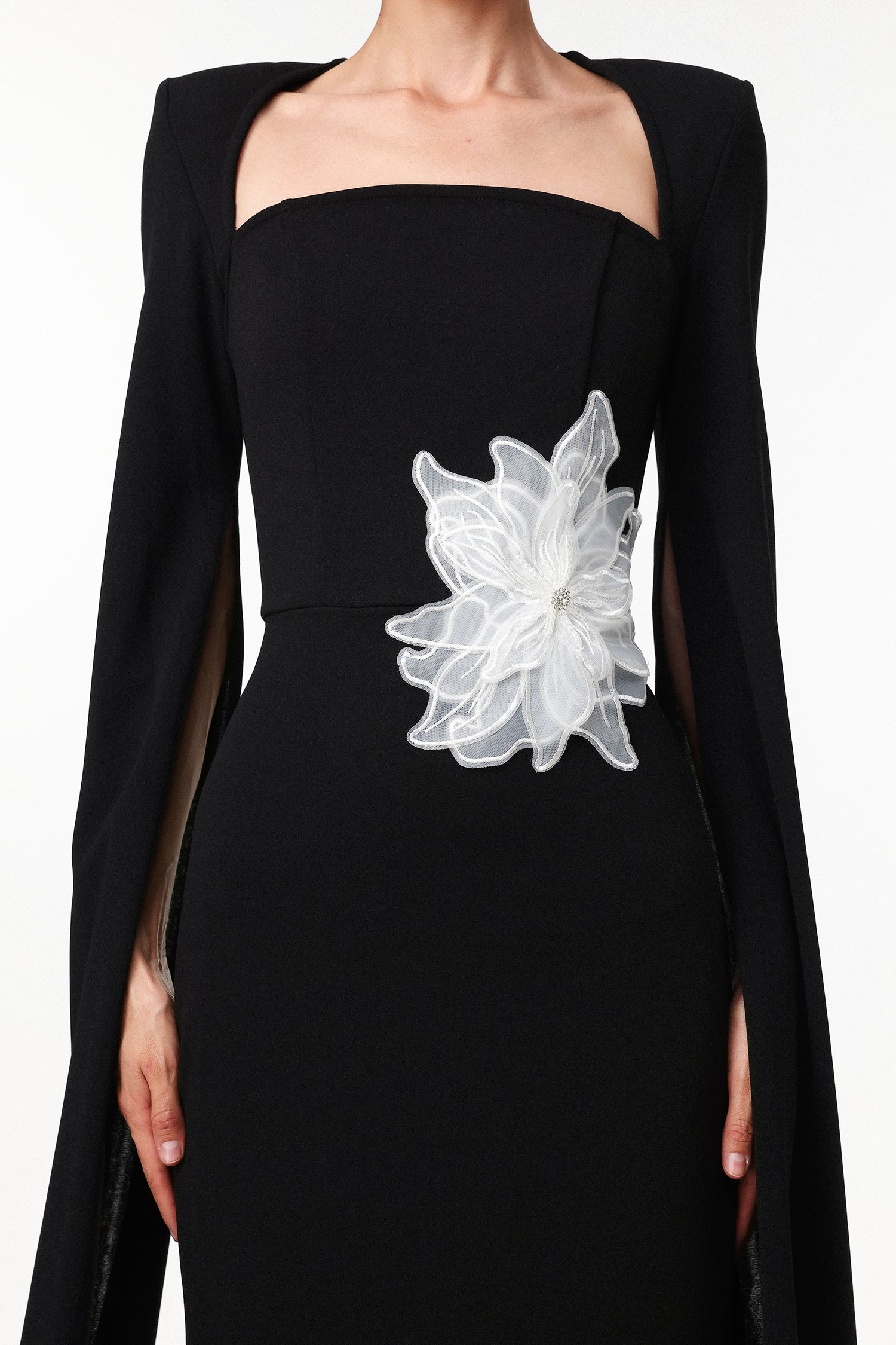 Pallas Elegant Tailored Cape Sleeve Floral Woven Maxi Dress