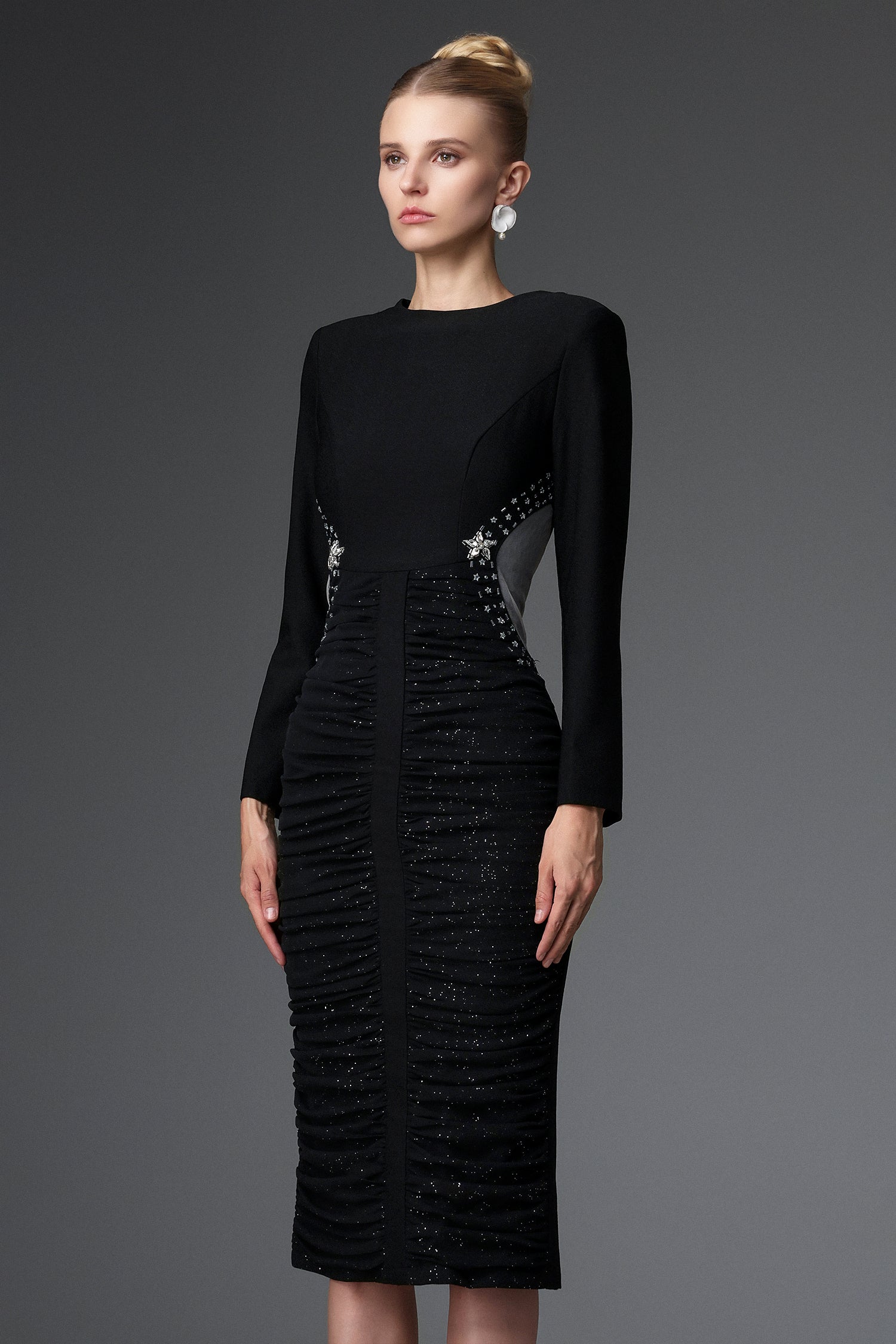 Starsha Elegant Contour Long Sleeve Ruched Sequin Maxi Dress