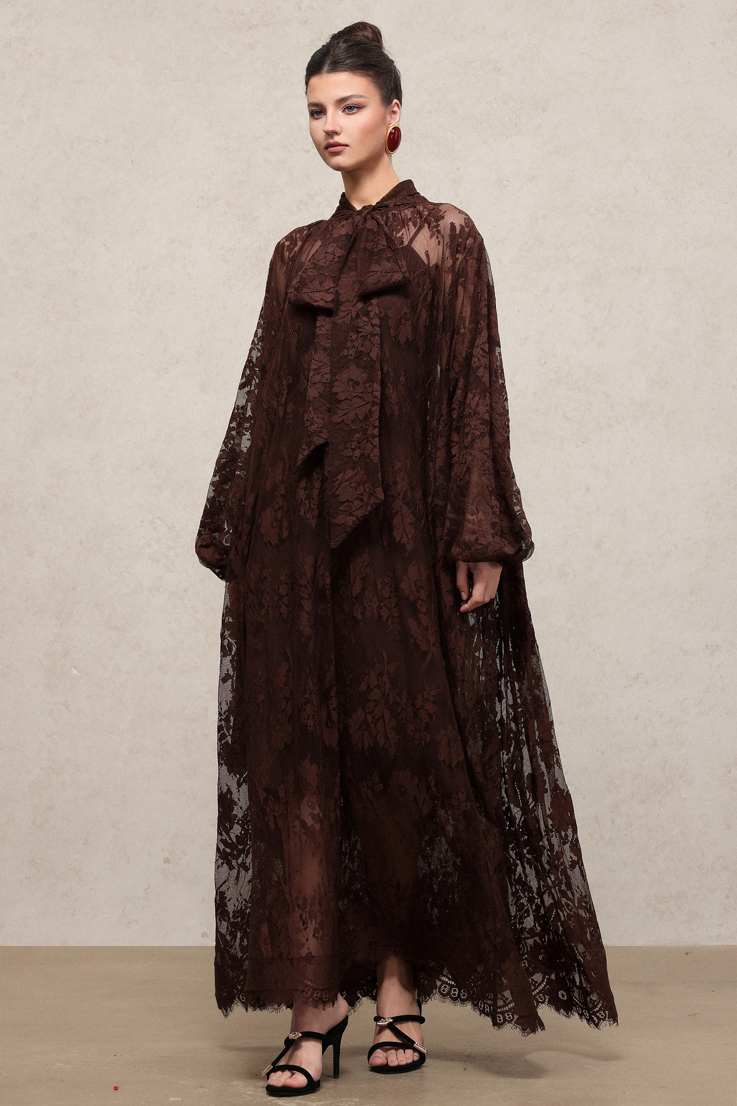 Deliyn Resort Flowy Long Sleeve Embroidered Mesh Lace Maxi Dress