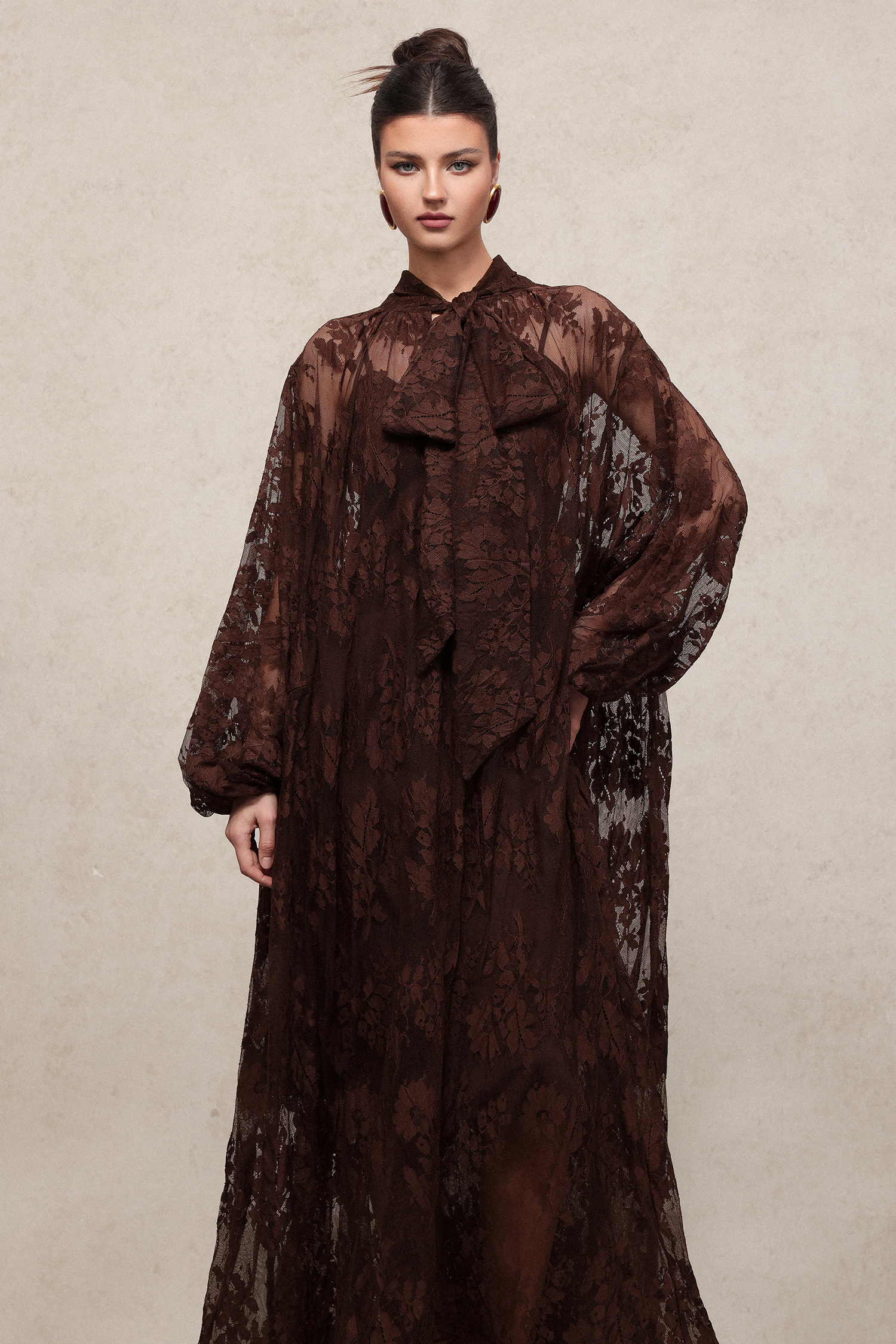 Deliyn Resort Flowy Long Sleeve Embroidered Mesh Lace Maxi Dress