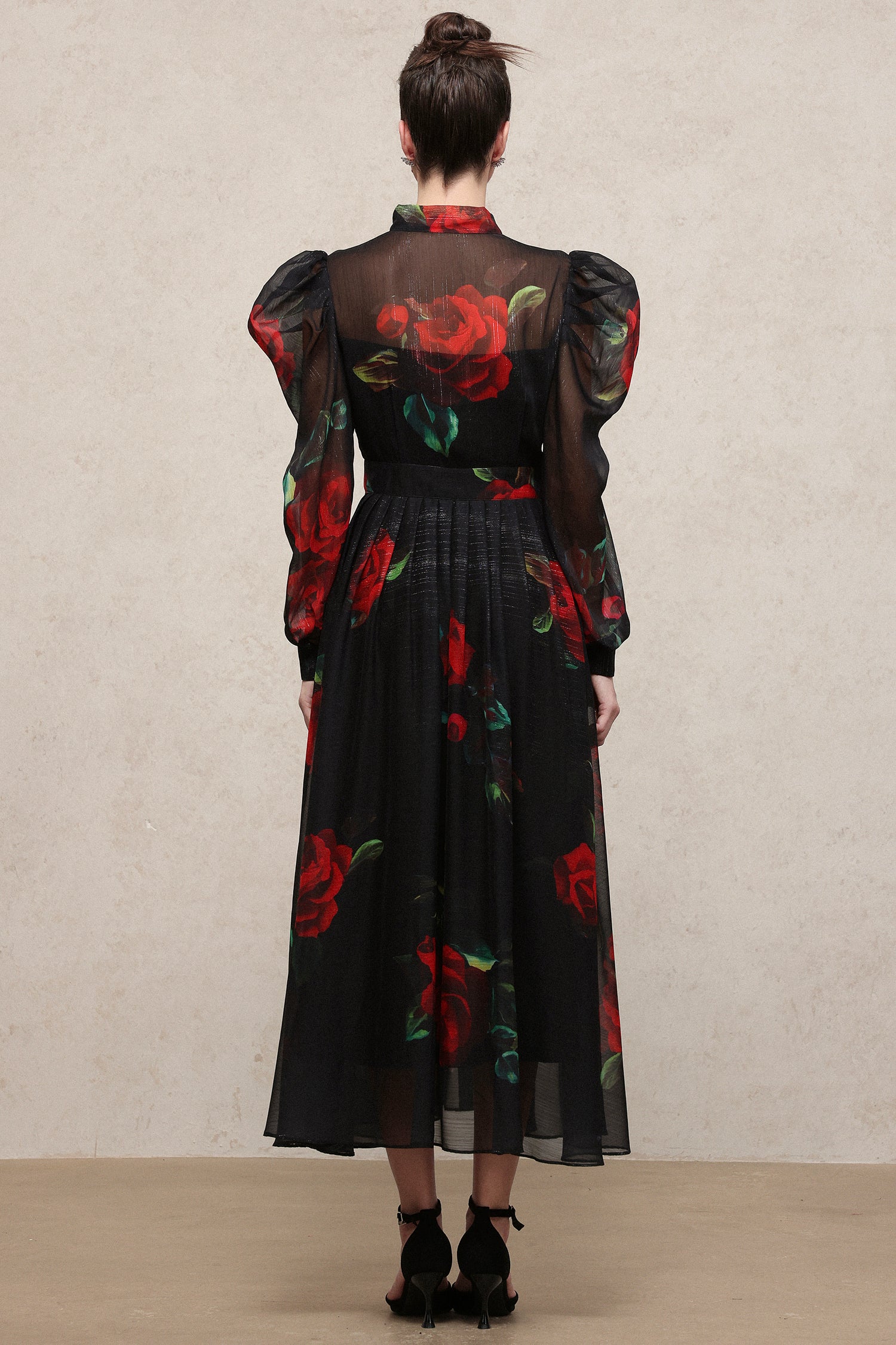 Ente Vintage Flowy Long Sleeve Floral Printed Chiffon Maxi Dress
