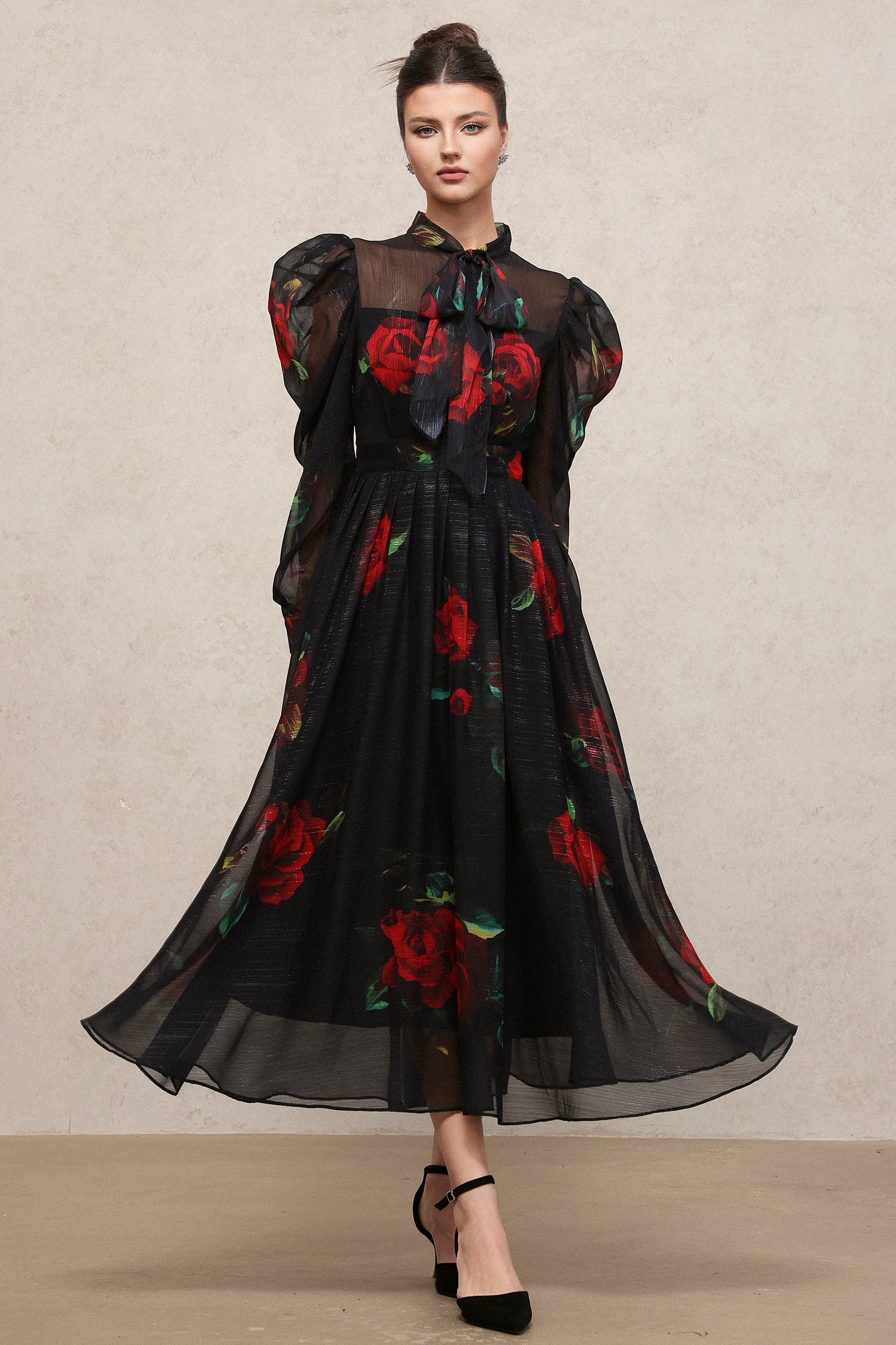 Ente Vintage Flowy Long Sleeve Floral Printed Chiffon Maxi Dress
