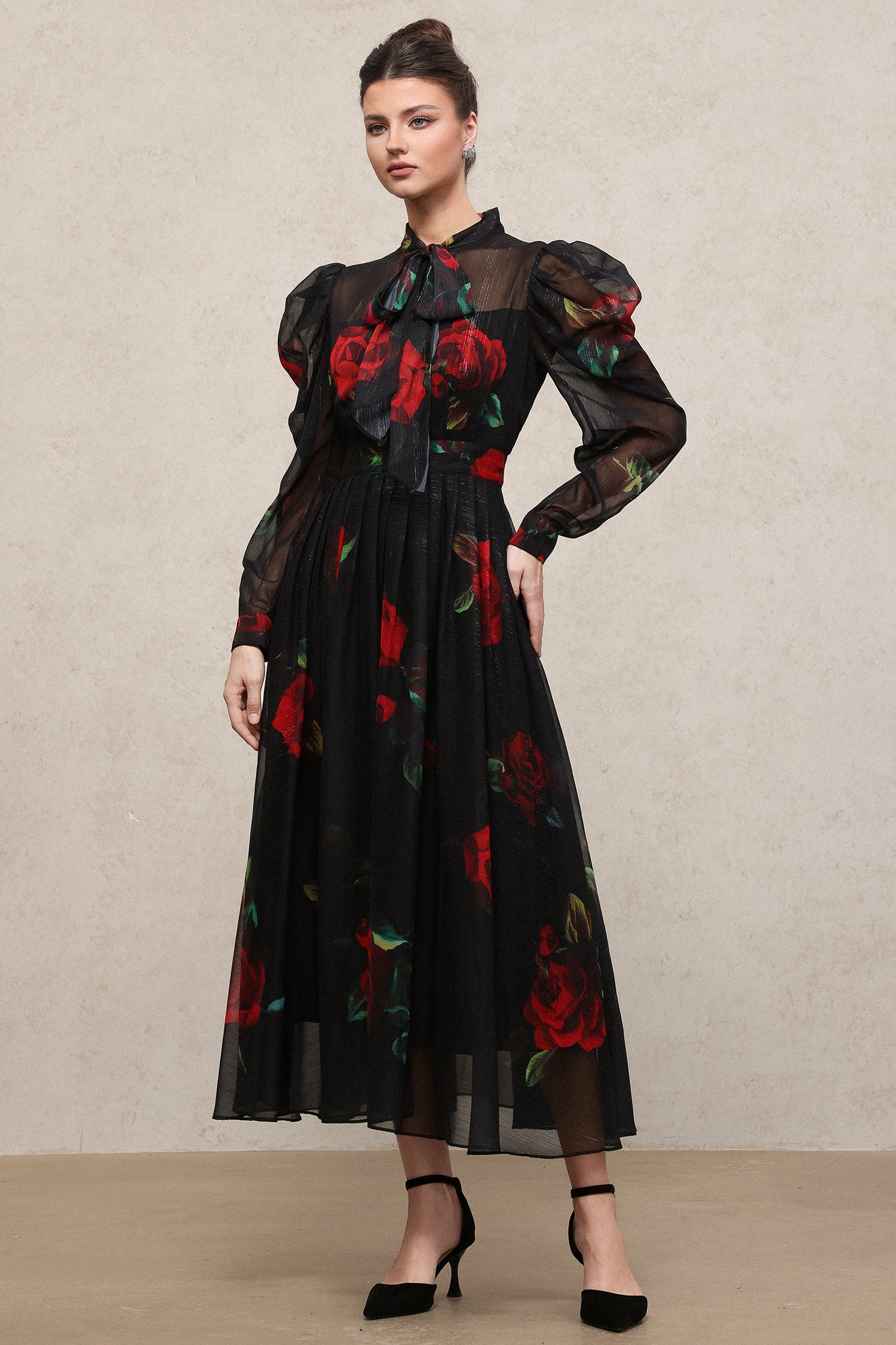 Ente Vintage Flowy Long Sleeve Floral Printed Chiffon Maxi Dress