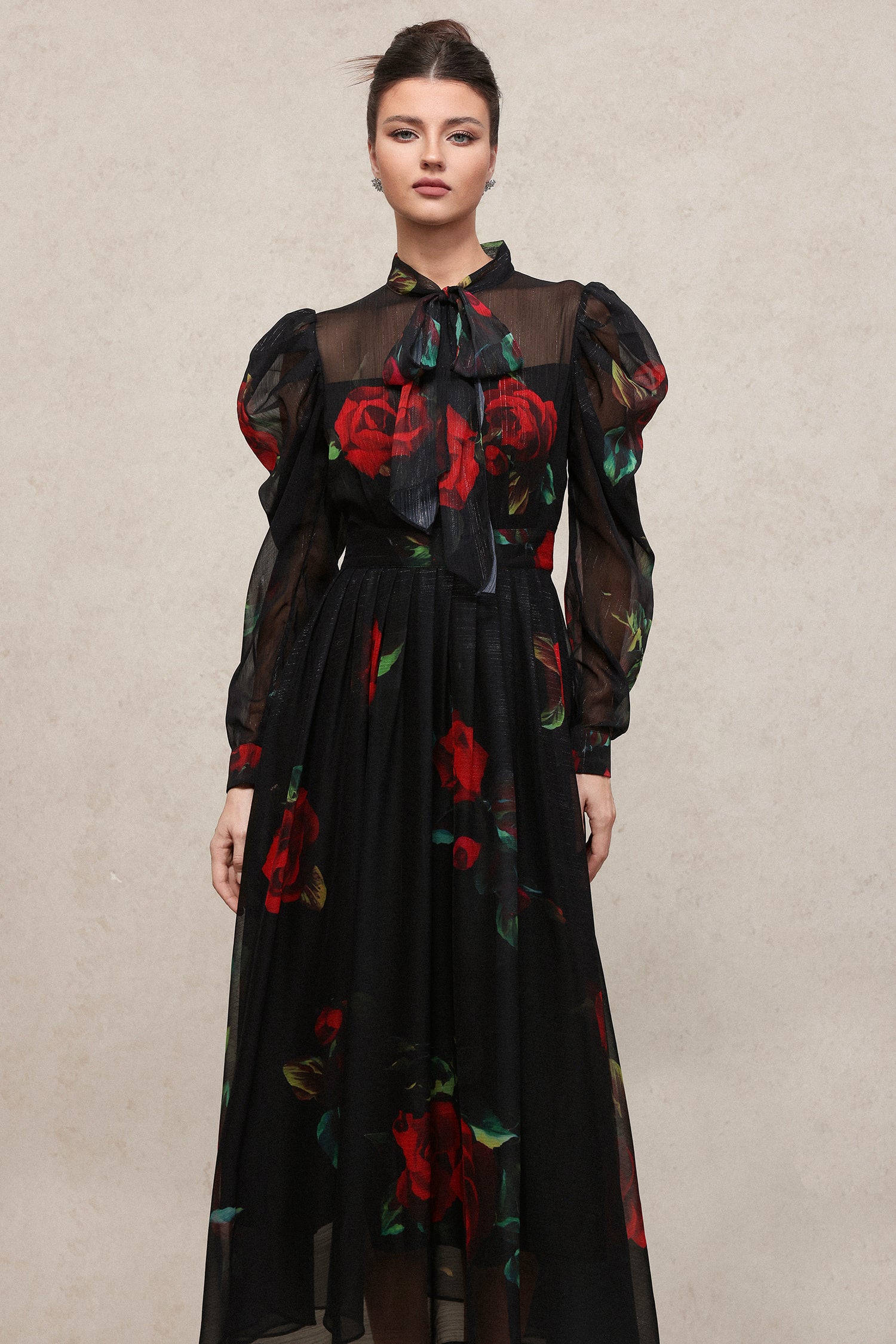 Ente Vintage Flowy Long Sleeve Floral Printed Chiffon Maxi Dress