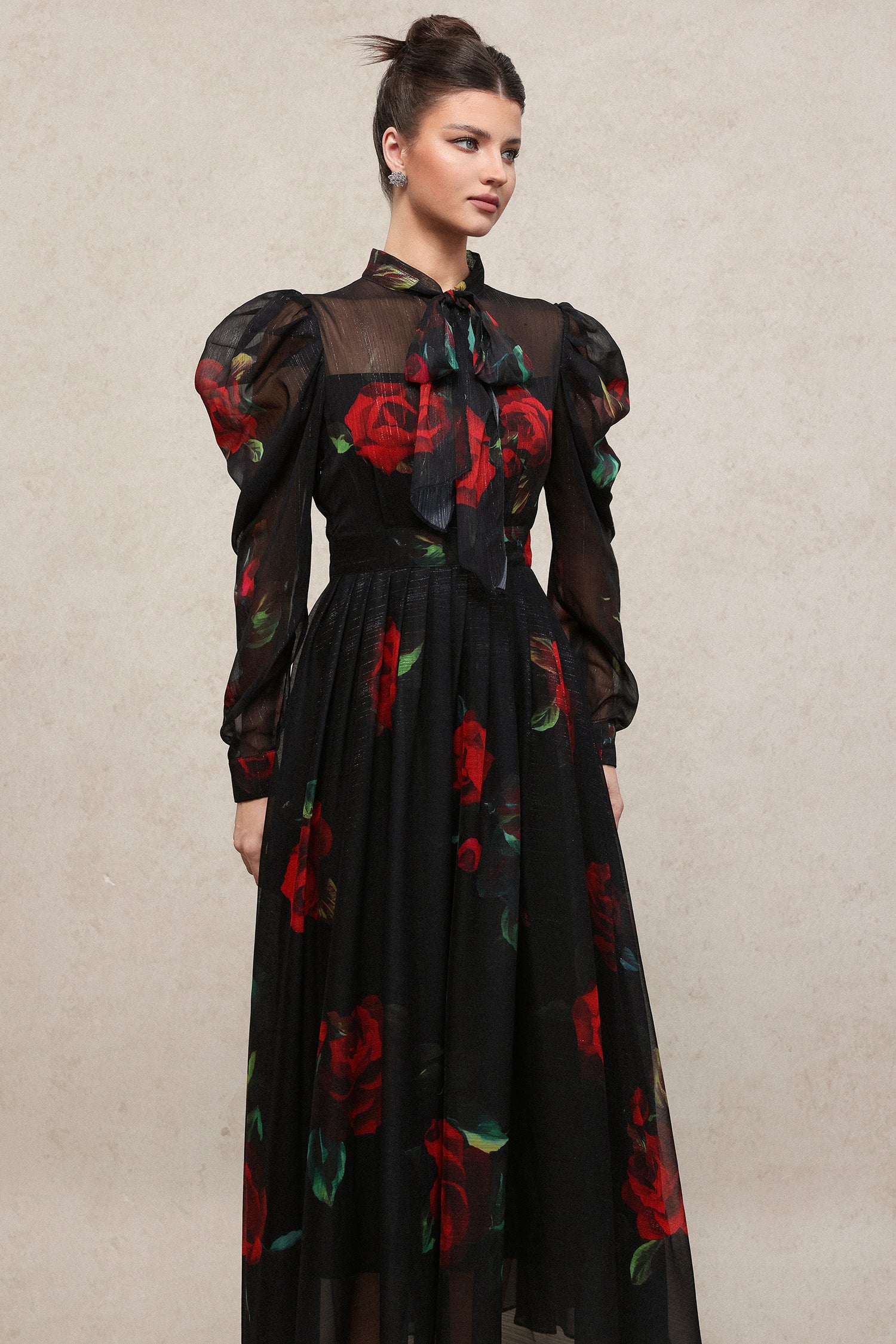 Ente Vintage Flowy Long Sleeve Floral Printed Chiffon Maxi Dress