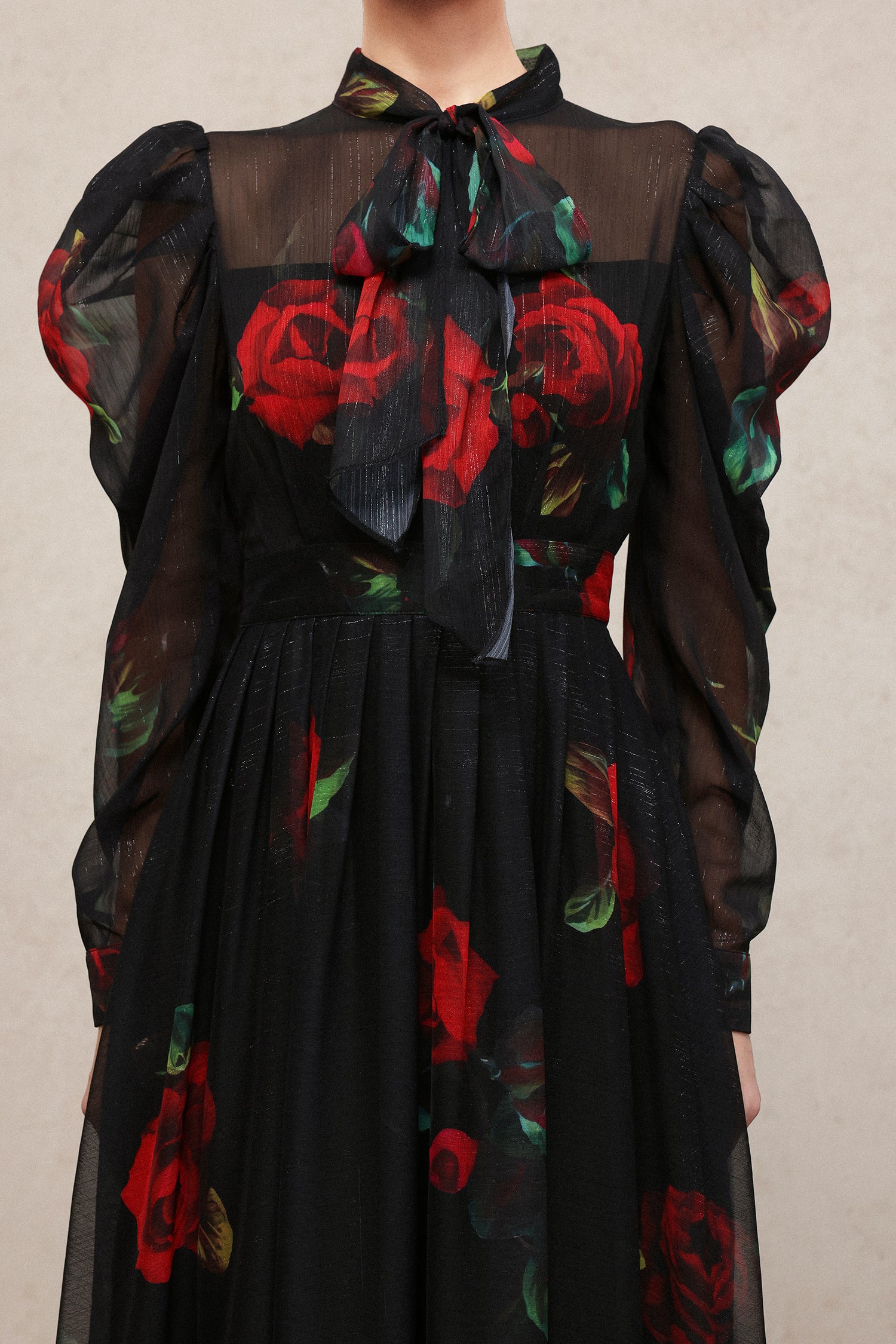 Ente Vintage Flowy Long Sleeve Floral Printed Chiffon Maxi Dress