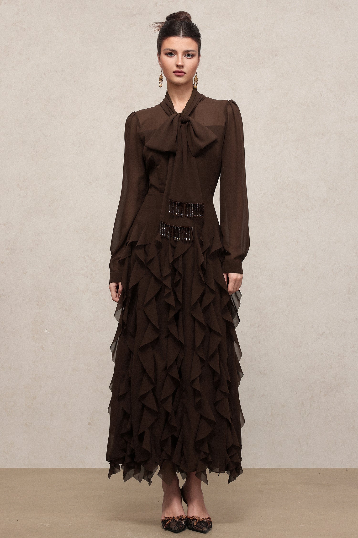 Nettie Elegant Flowy Long Sleeve Beaded Chain Falbala Maxi Dress