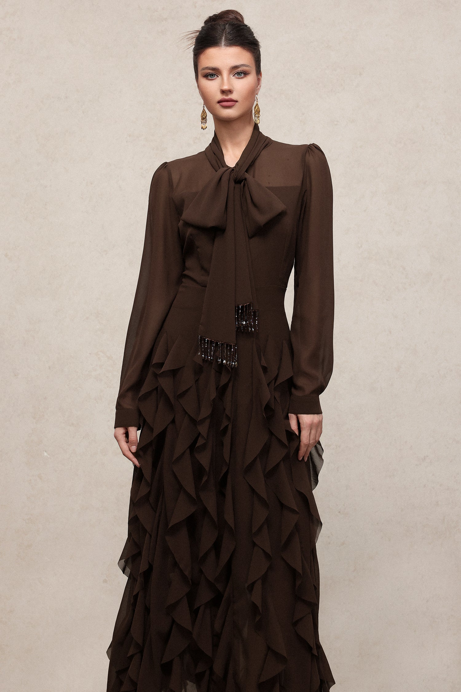 Nettie Elegant Flowy Long Sleeve Beaded Chain Falbala Maxi Dress