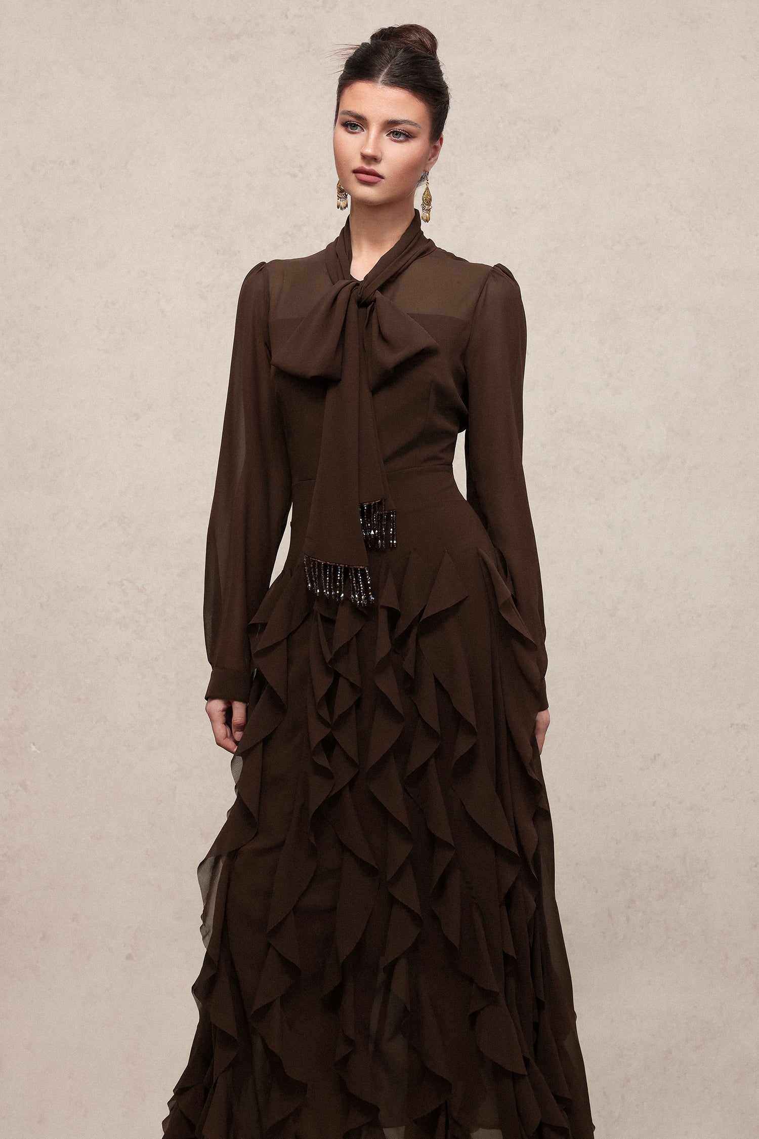 Nettie Elegant Flowy Long Sleeve Beaded Chain Falbala Maxi Dress