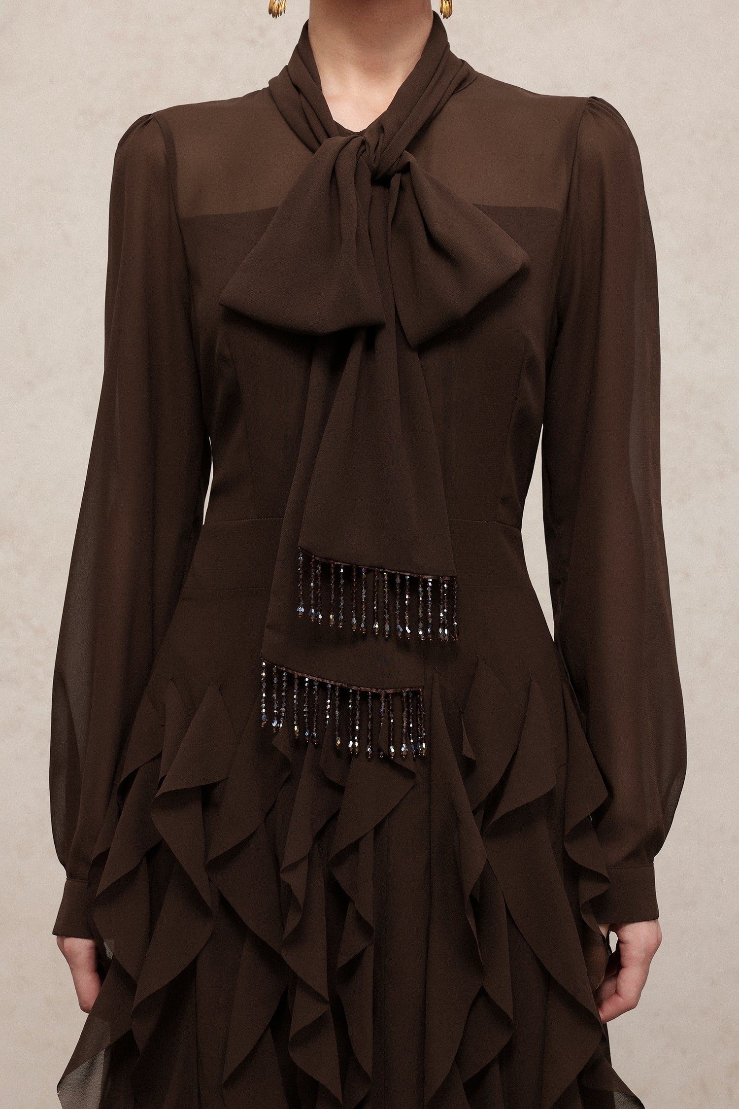 Nettie Elegant Flowy Long Sleeve Beaded Chain Falbala Maxi Dress