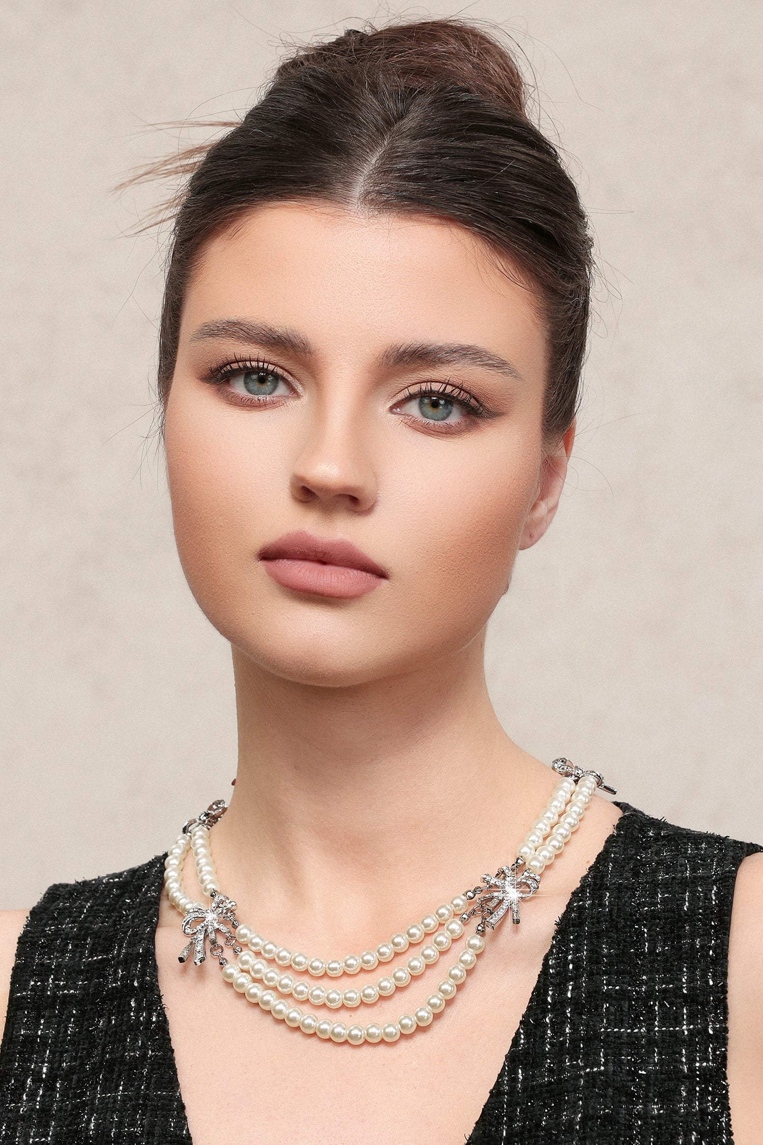 Zandy Pearl  Diamond Bow Multi Layer Necklace