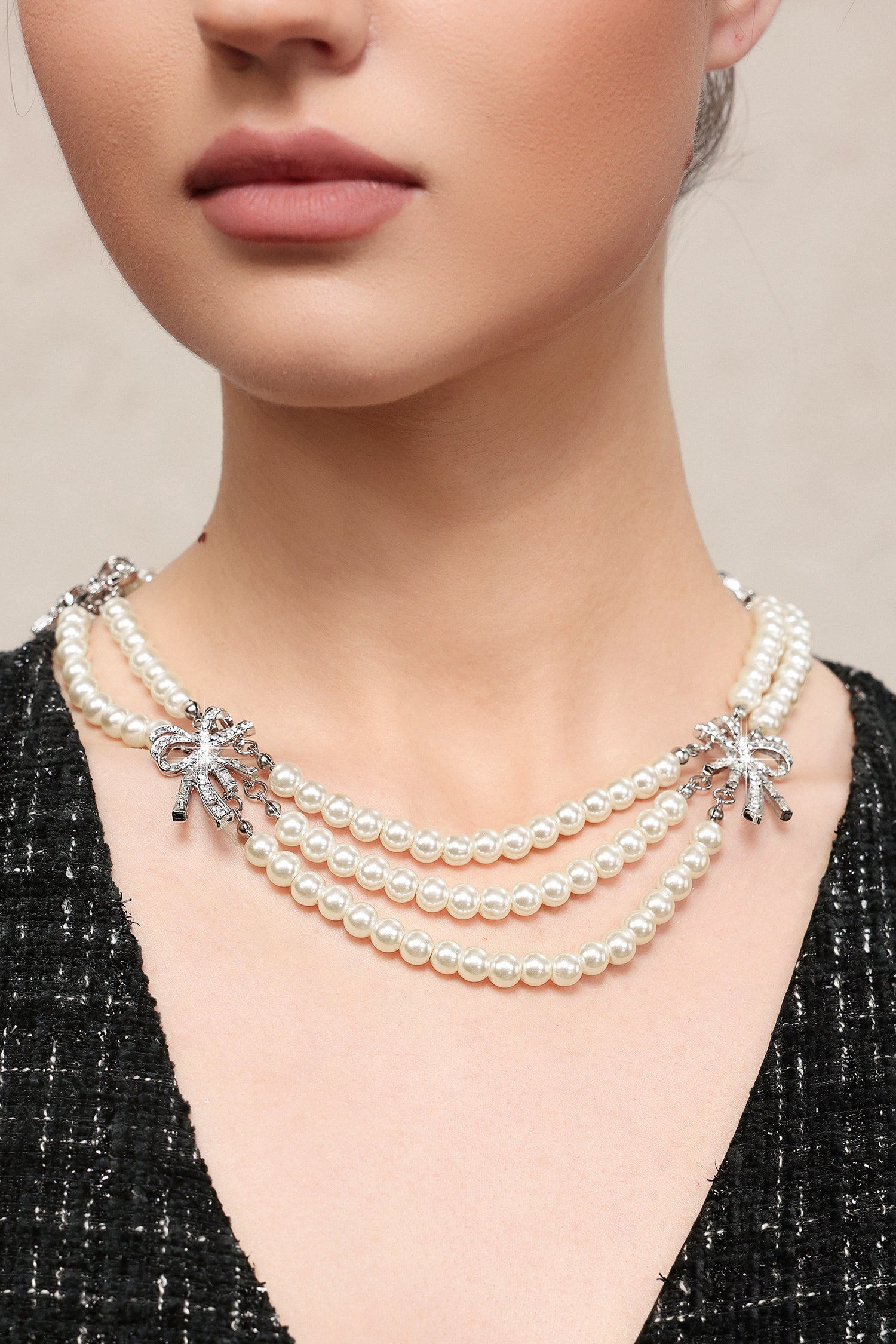 Zandy Pearl  Diamond Bow Multi Layer Necklace